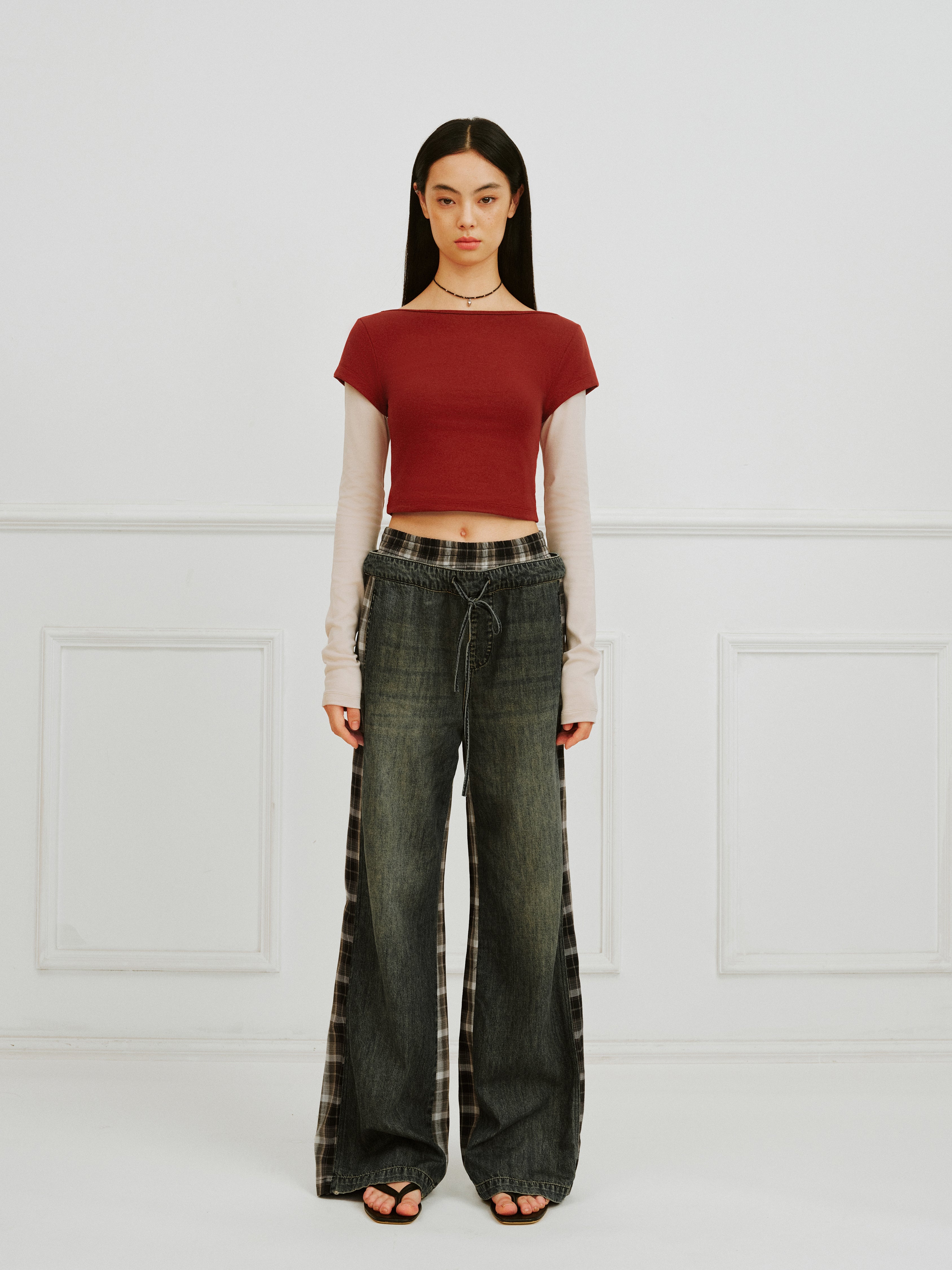 IFIK Wide Leg Plaid Patchwork Jeans