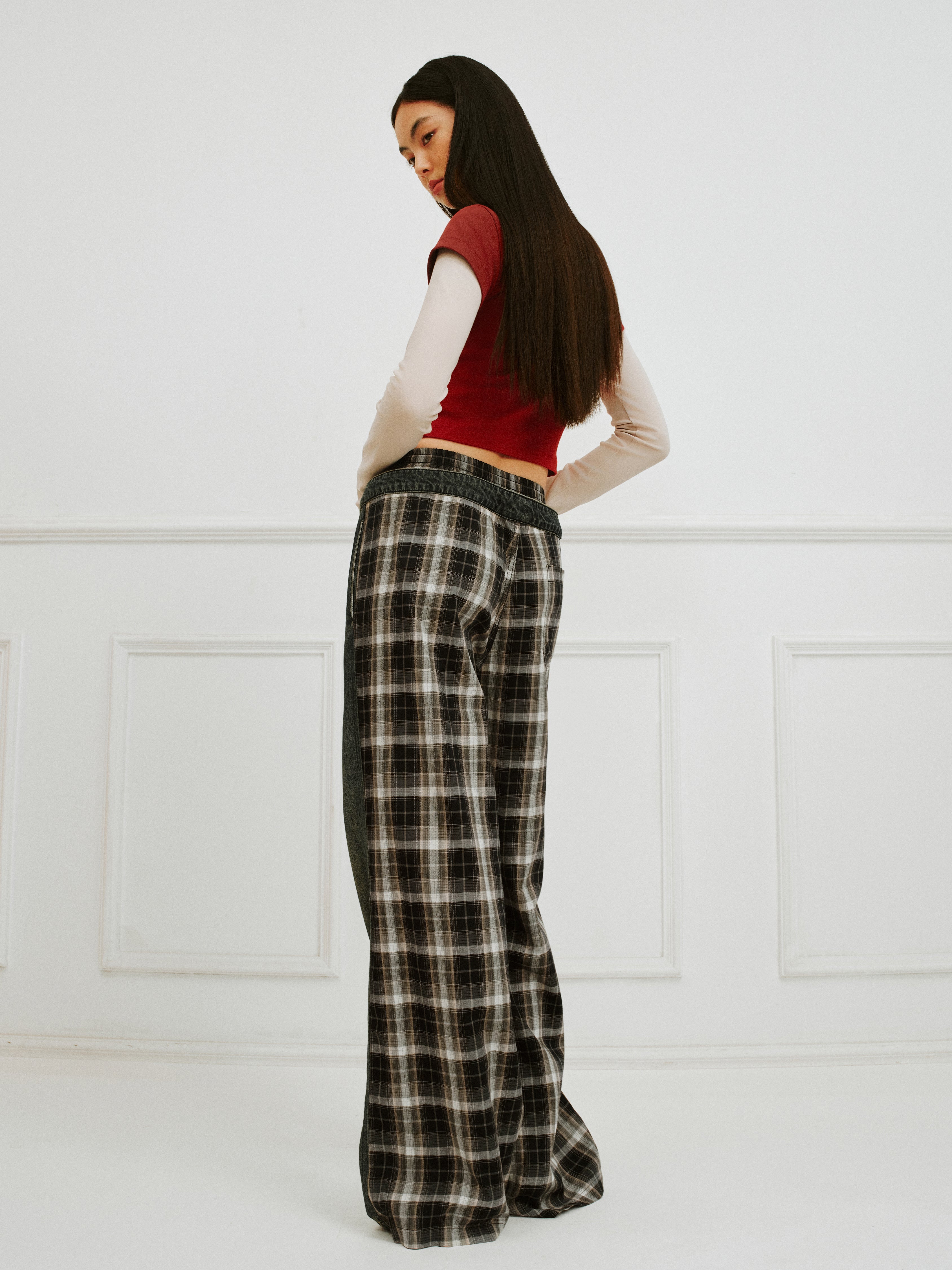 IFIK Wide Leg Plaid Patchwork Jeans