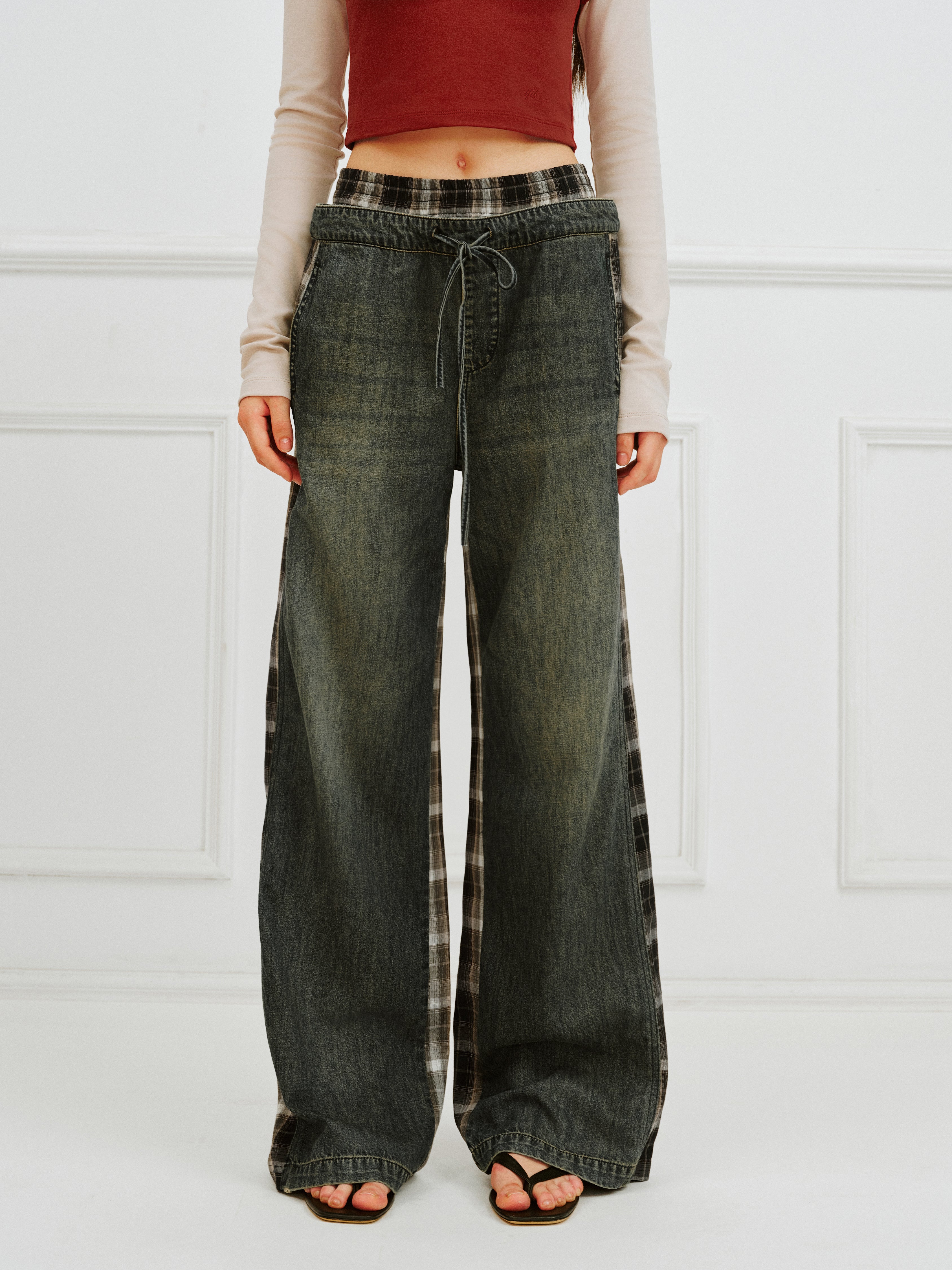 IFIK Wide Leg Plaid Patchwork Jeans