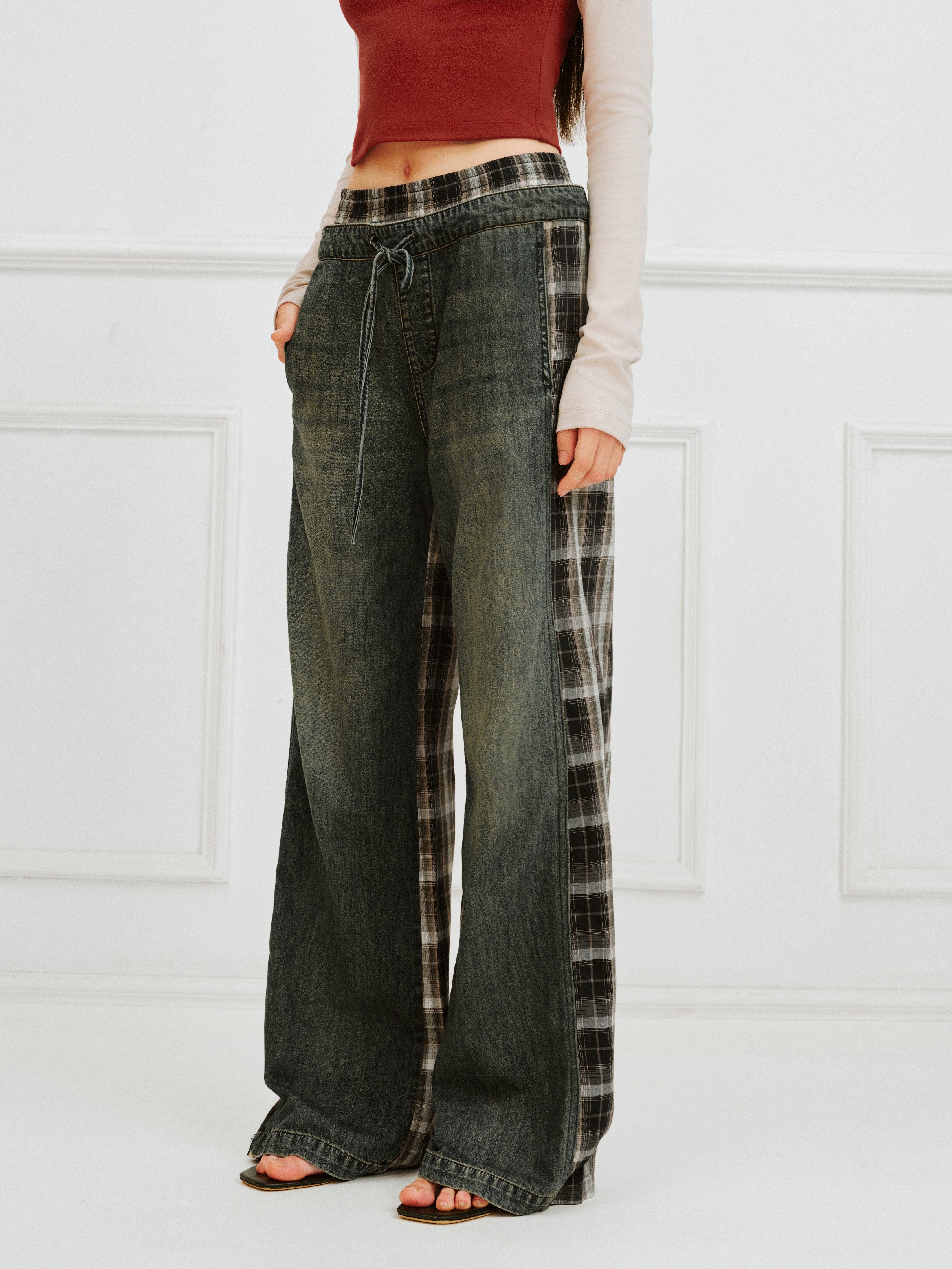 IFIK Wide Leg Plaid Patchwork Jeans