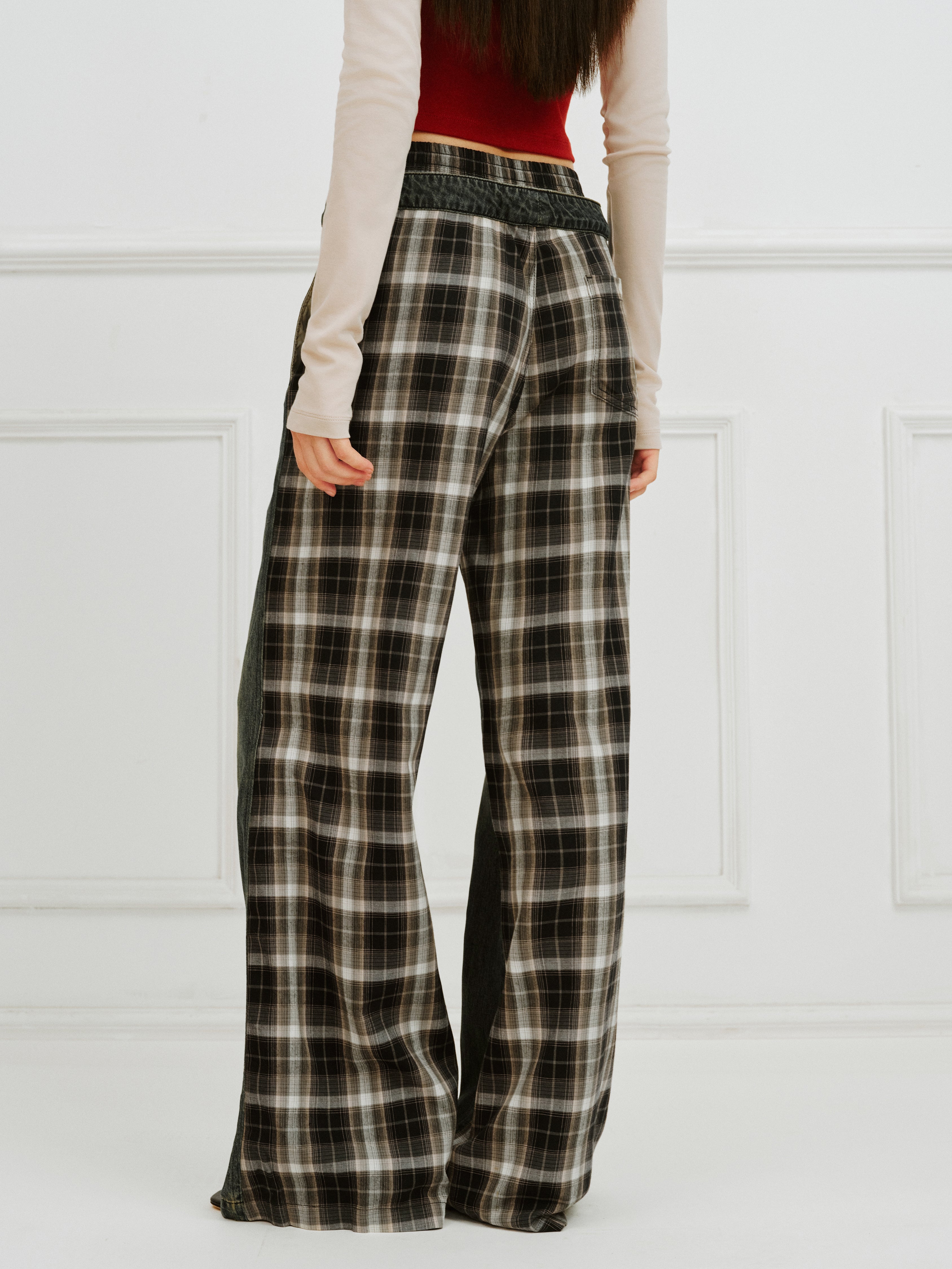 IFIK Wide Leg Plaid Patchwork Jeans