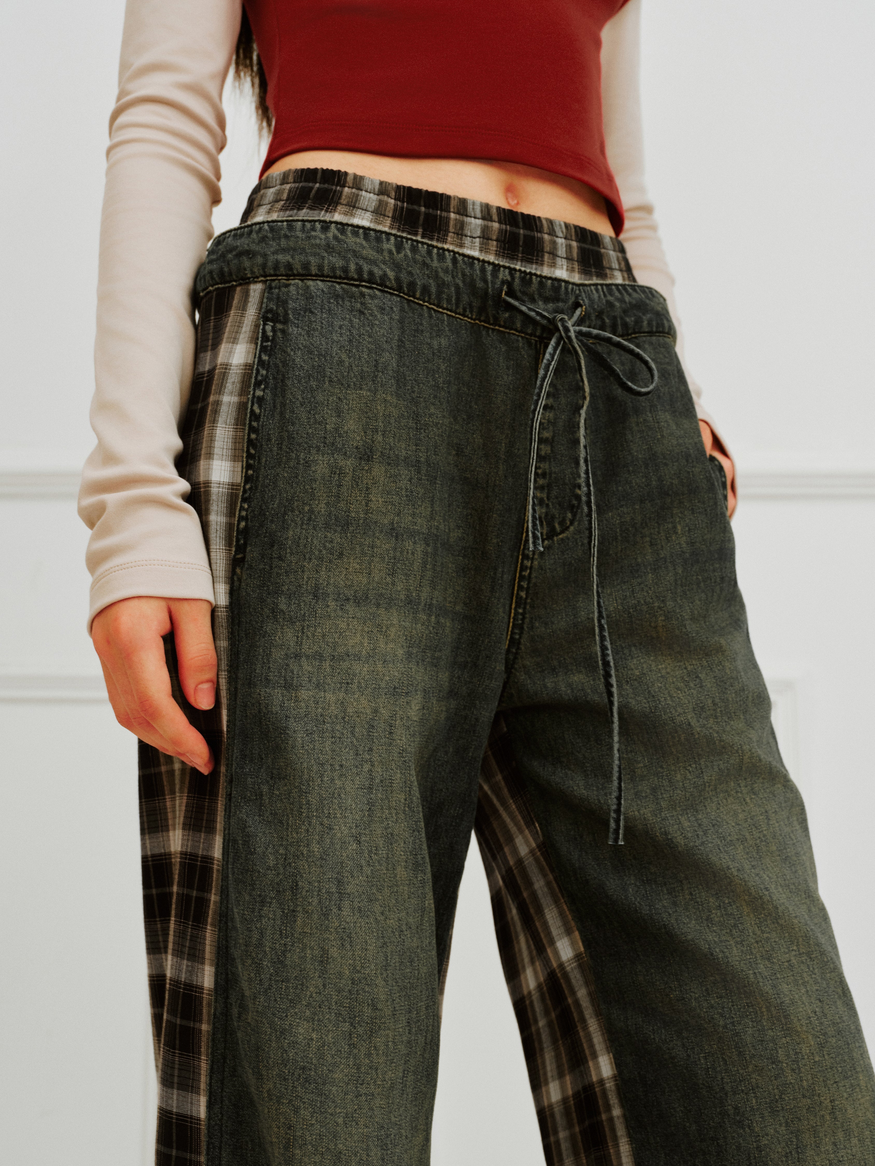 IFIK Wide Leg Plaid Patchwork Jeans