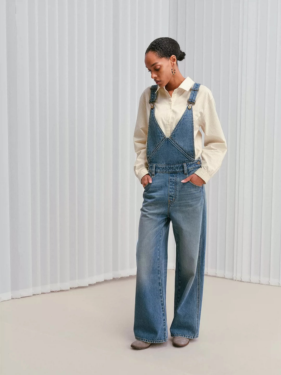 Premium Wash V-Neck Denim Jumpsuit