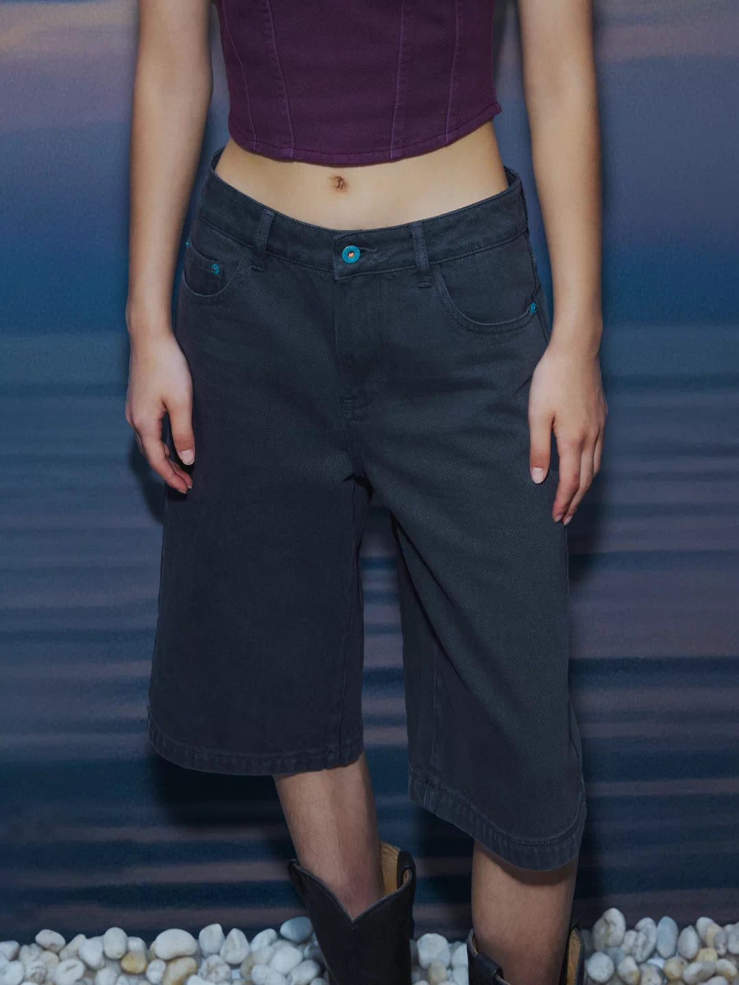 Studded Grey Wash Denim Jorts