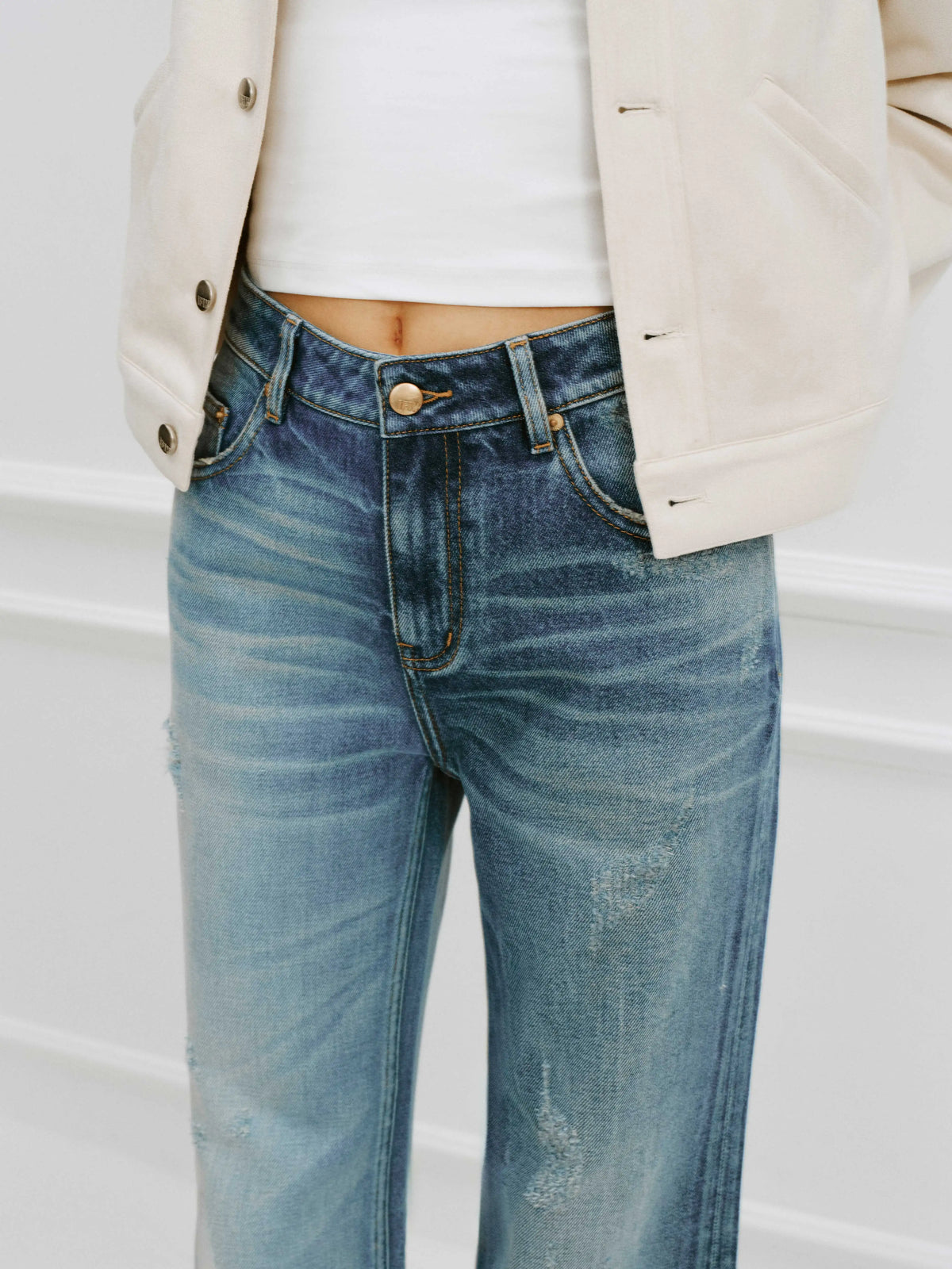 #1980 Spliced Distressed Straight Jeans