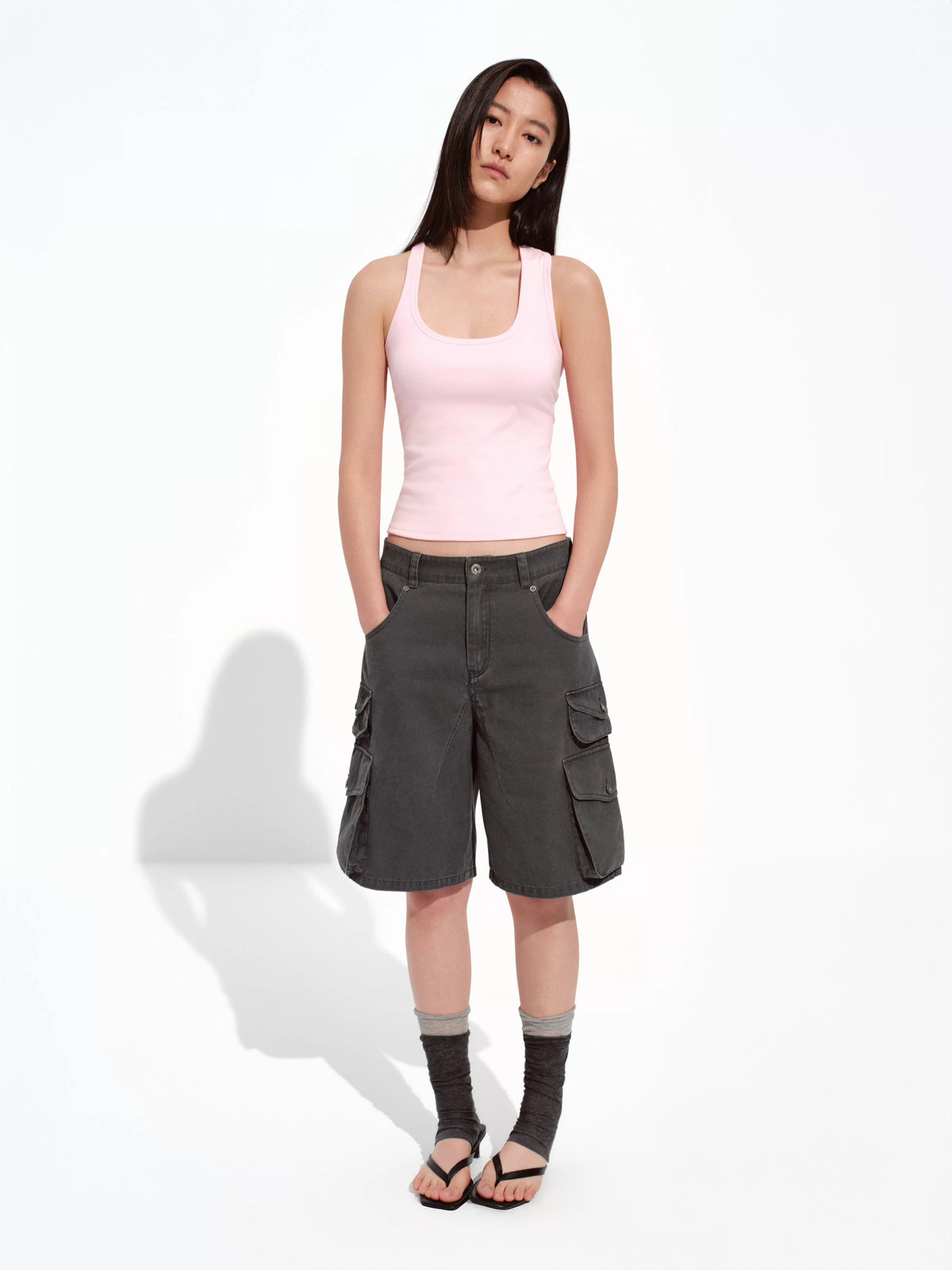 Enzyme-Washed Distressed Multi-Pocket Cargo Shorts