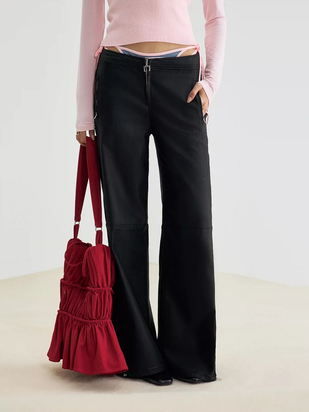 V-Waist Wax-Coated Black Denim Jeans
