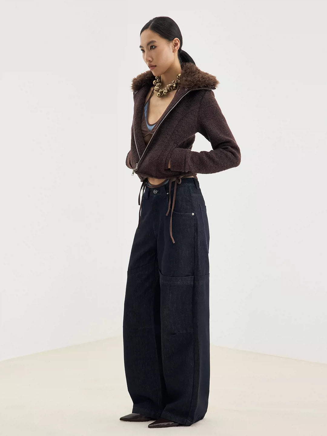 Paneled Blue-Black Raw Denim Relaxed Jeans