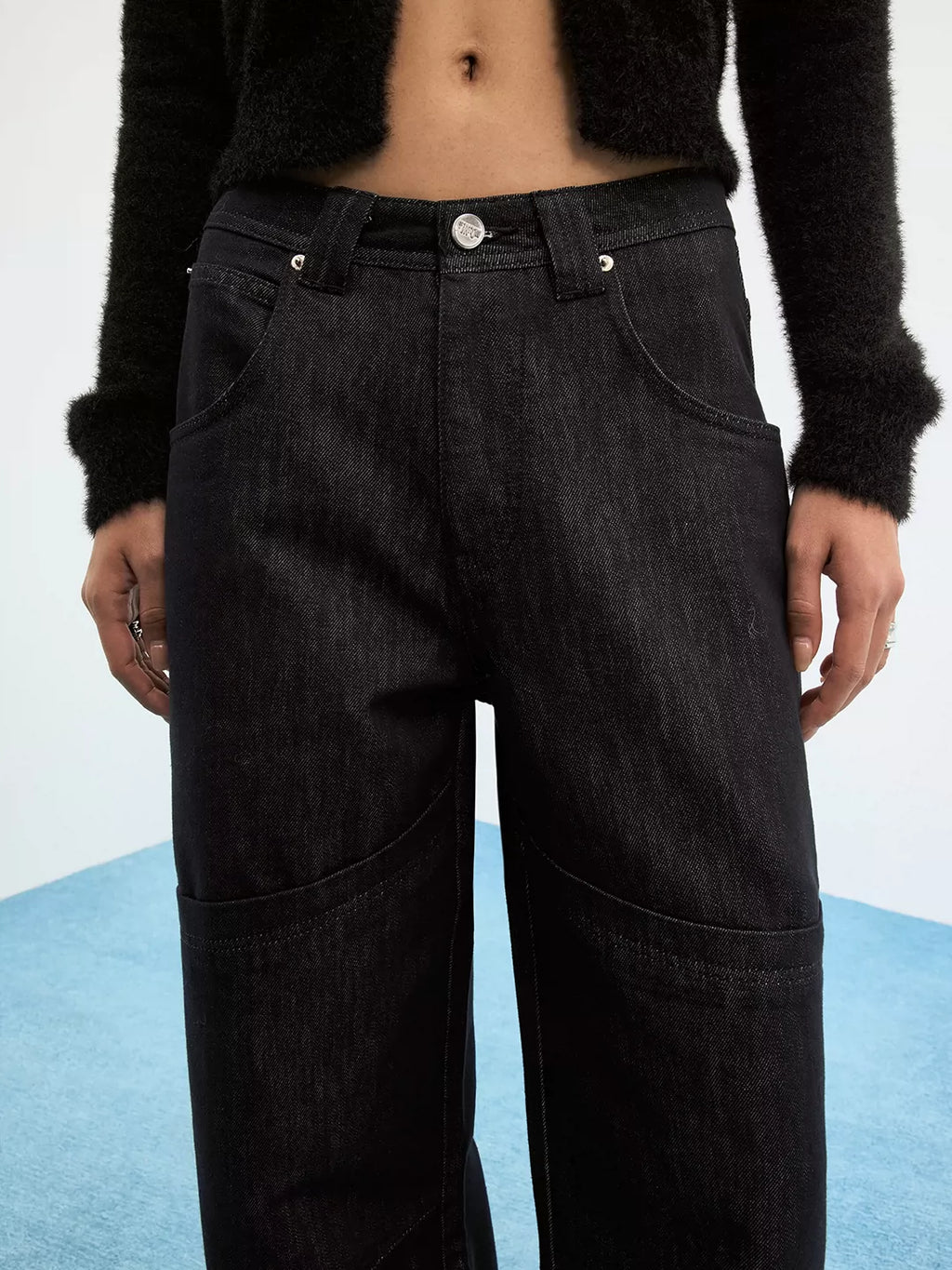 Paneled Blue-Black Raw Denim Relaxed Jeans