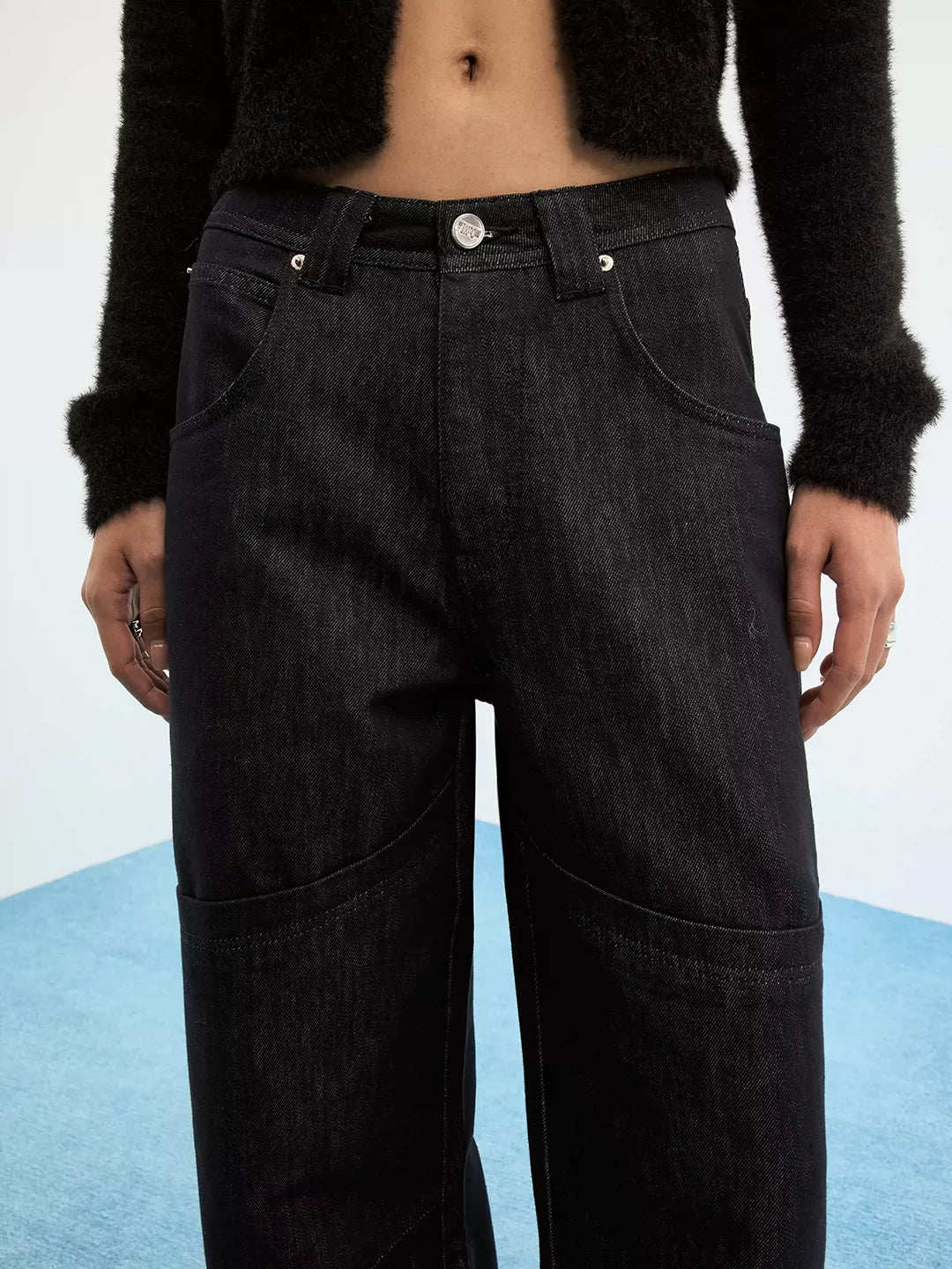 Paneled Blue-Black Raw Denim Relaxed Jeans
