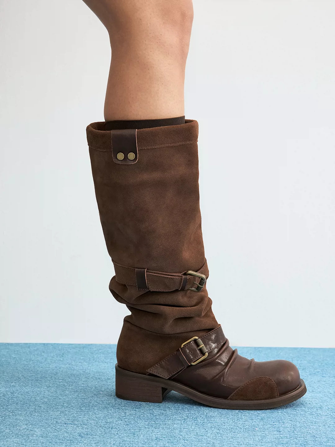 Double-Strap Suede & Waxed Leather Slouch Boots