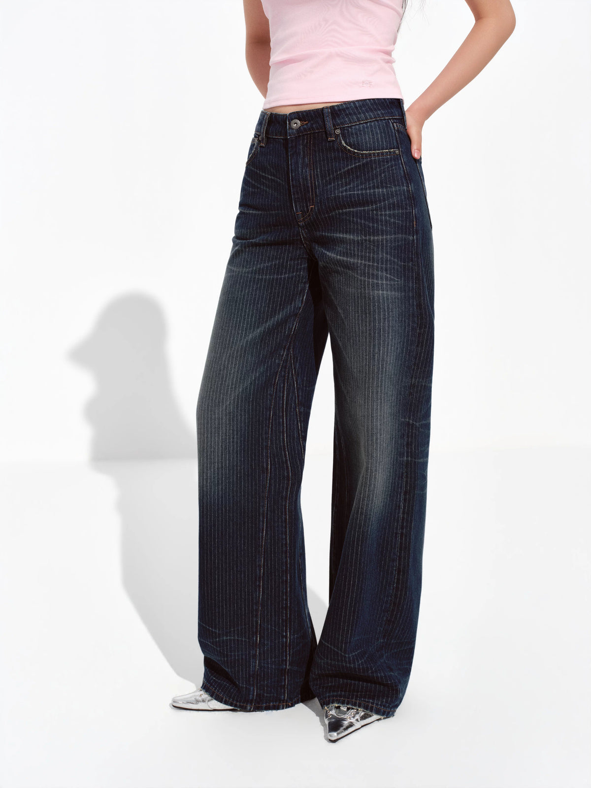 Pinstripe Whiskered Dark Blue Jeans