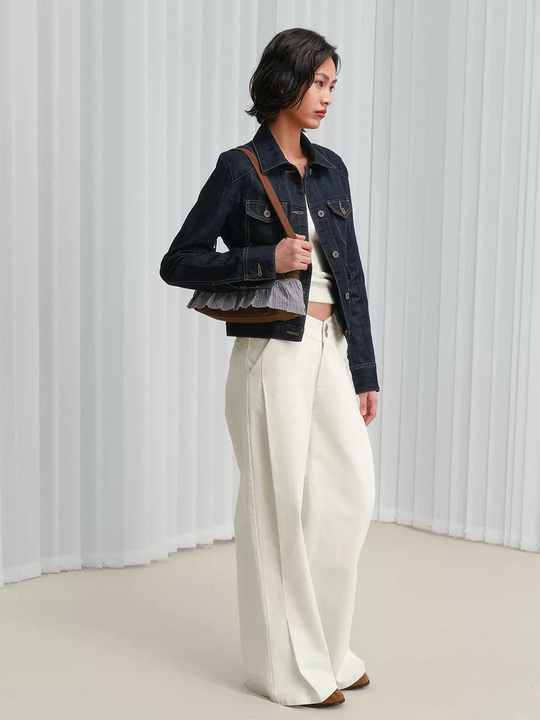 Checkered Ruffled Denim Shoulder Bag