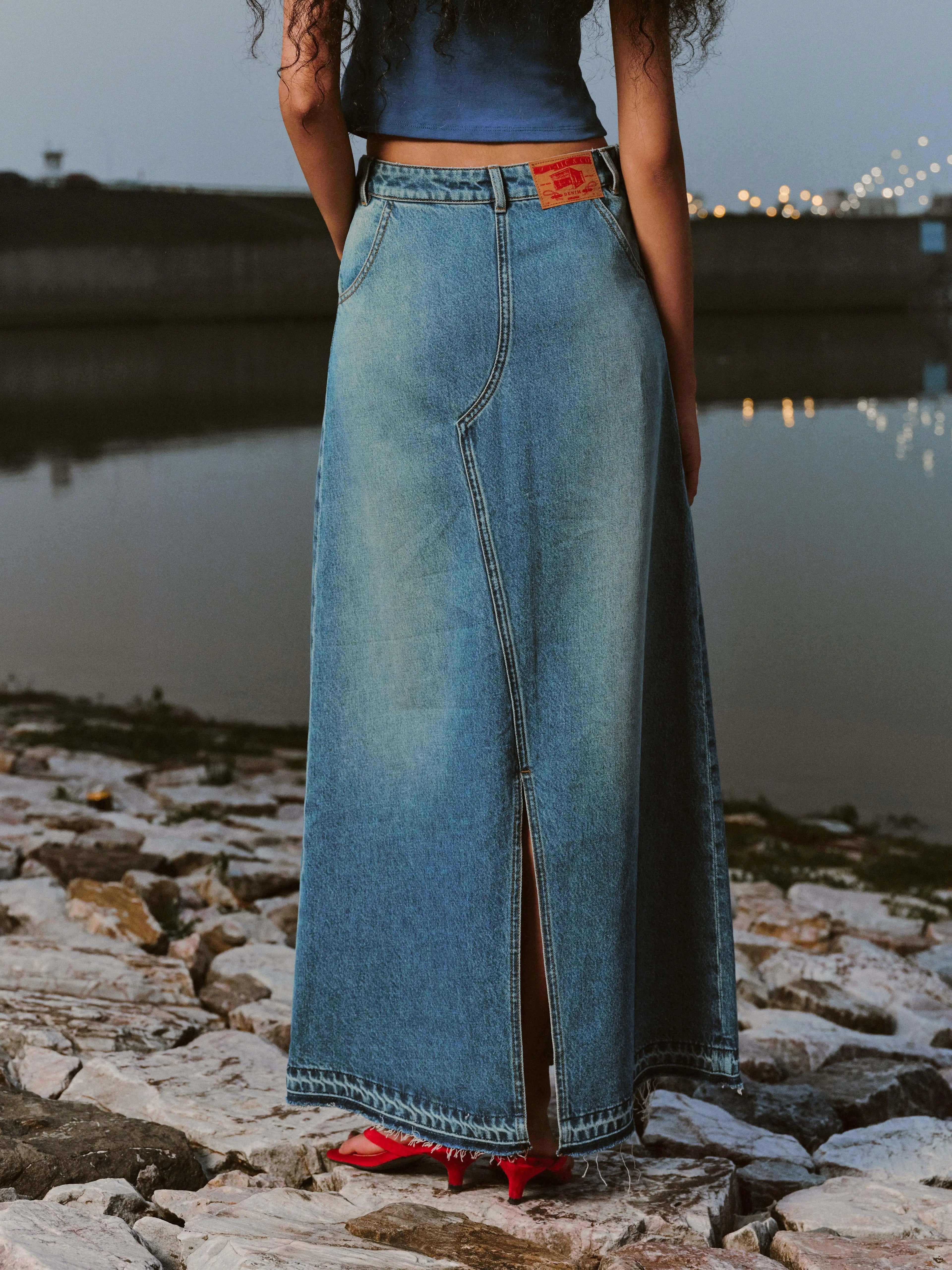 IFIKNOW Reversible Slit Washed Denim Maxi Skirt