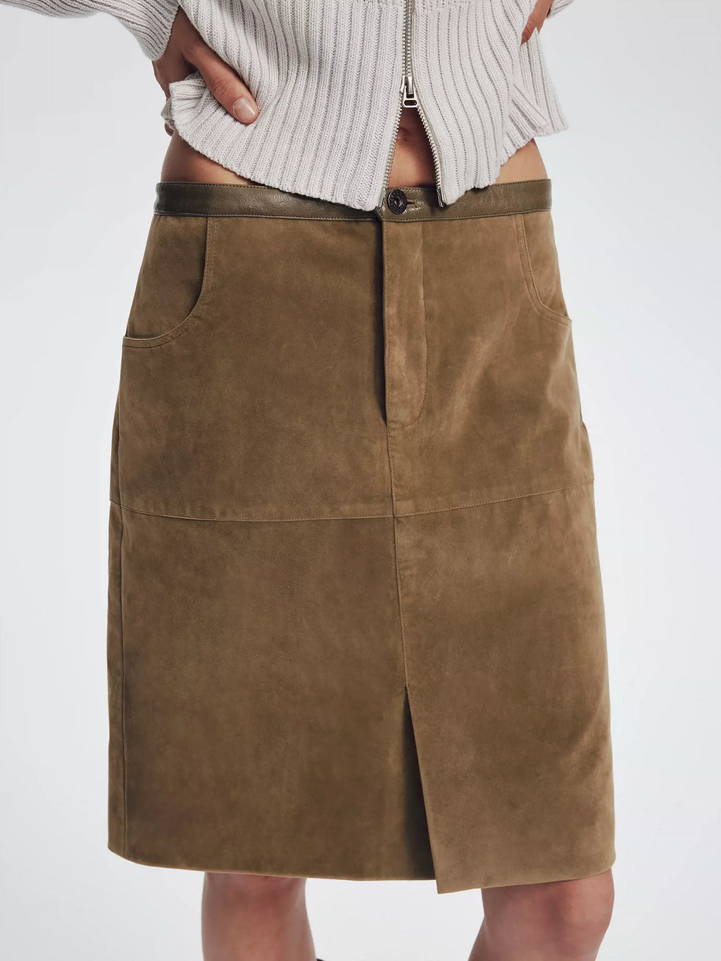 Khaki Suede Cargo Midi Skirt