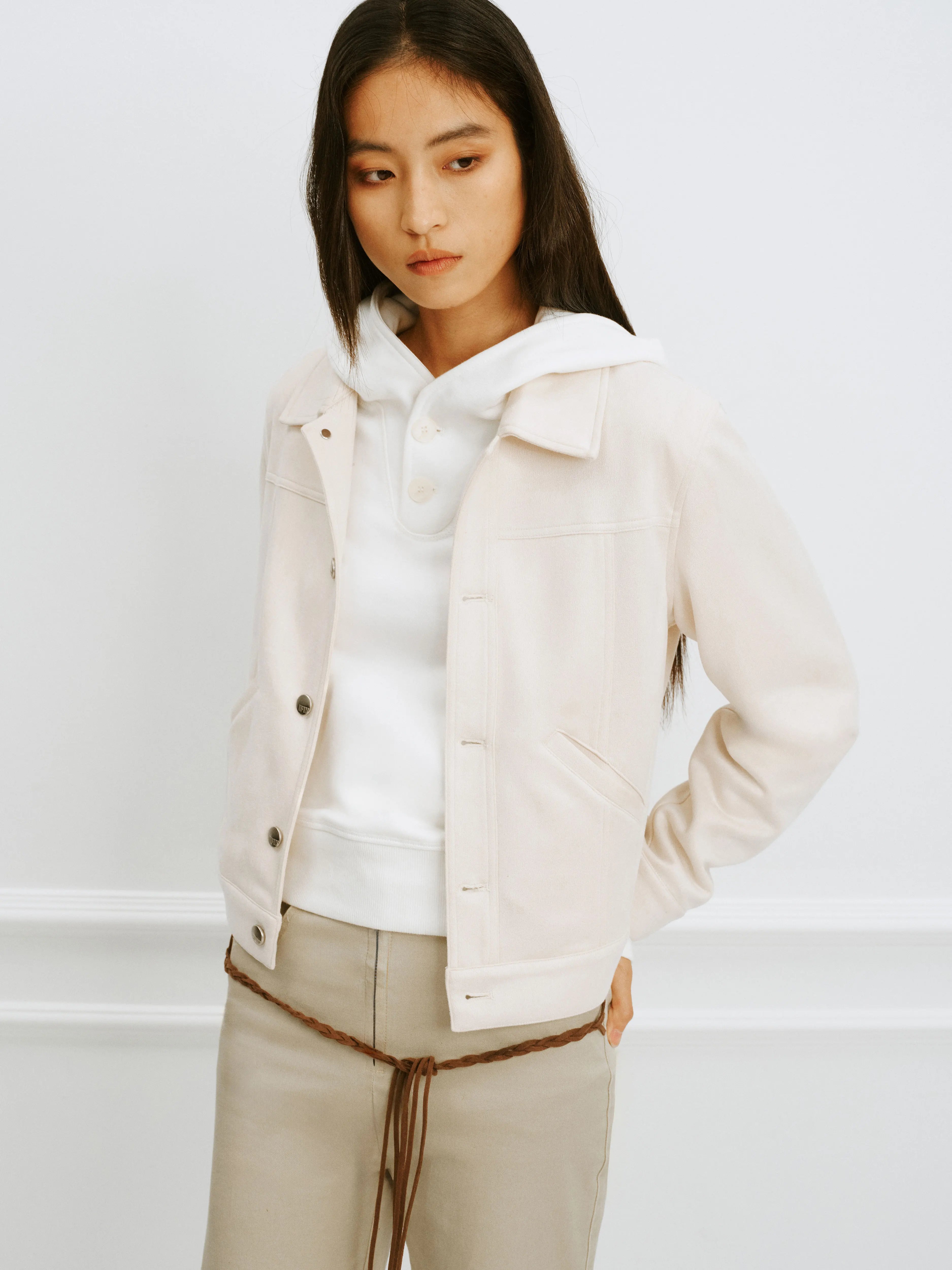 Cream Cactus-Motif Cropped Suede Jacket