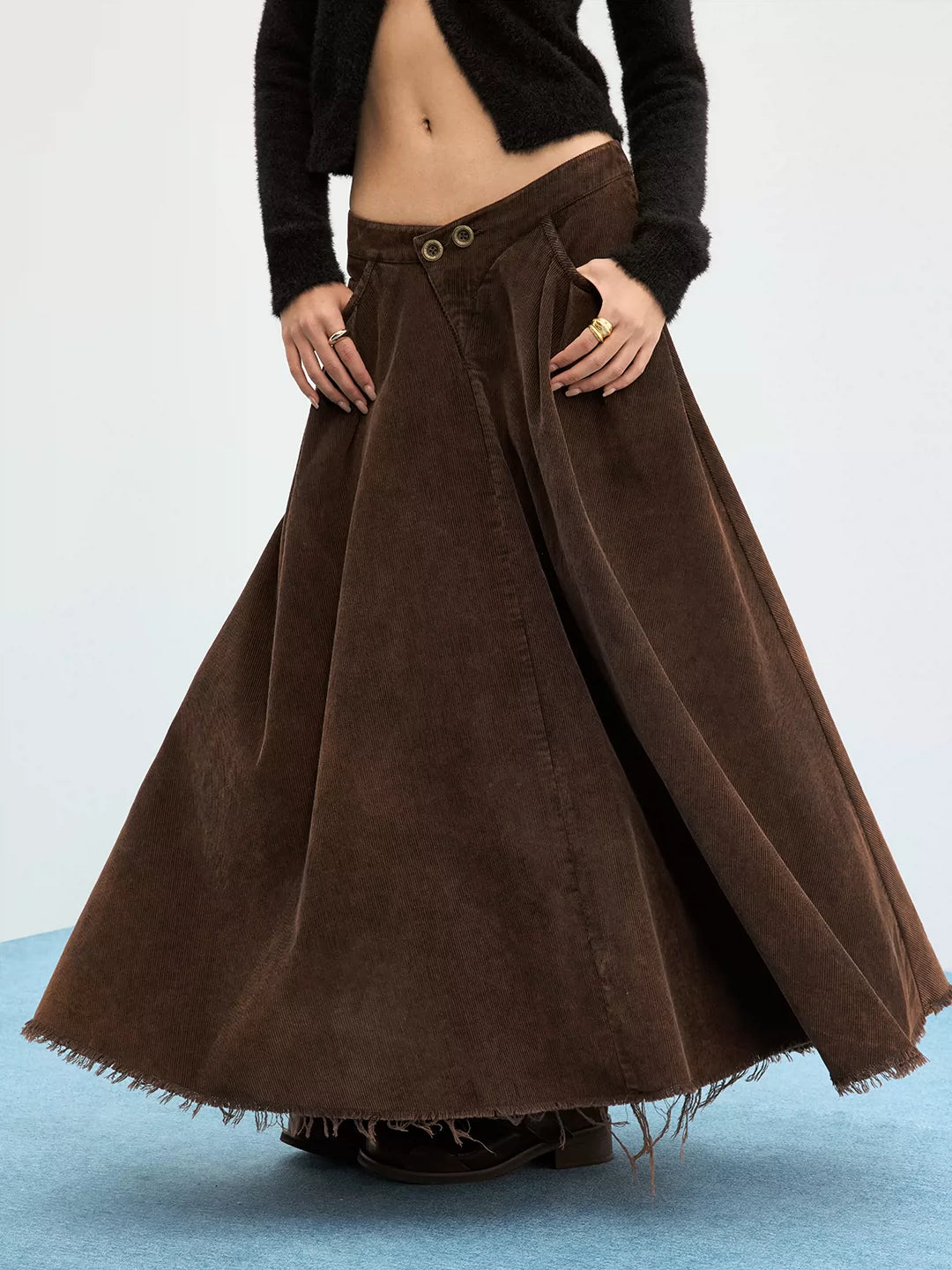FIKNOW Heavy-Wash Corduroy V-Waist Maxi Skirt
