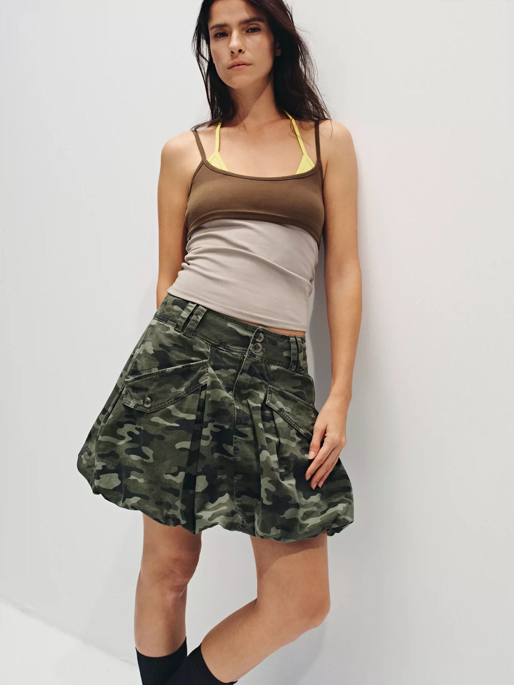 Distressed Camo Cargo Bubble Skirt