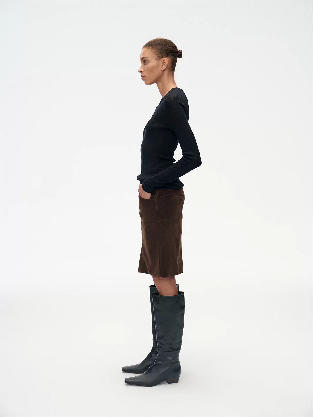 Khaki Suede Cargo Midi Skirt