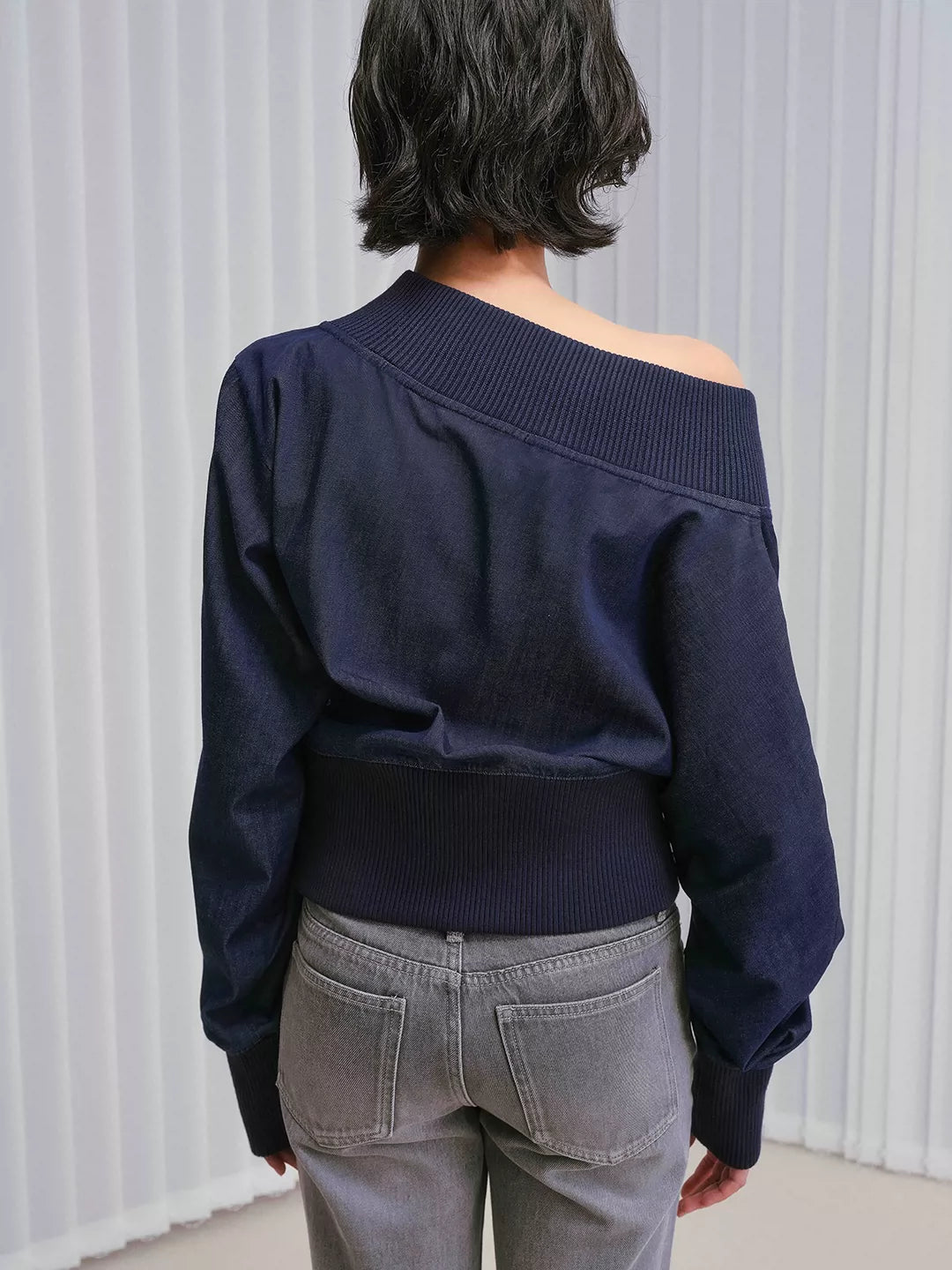 IFIKNOW Colorfast Ribbed Asymmetric Tencel-Denim Top