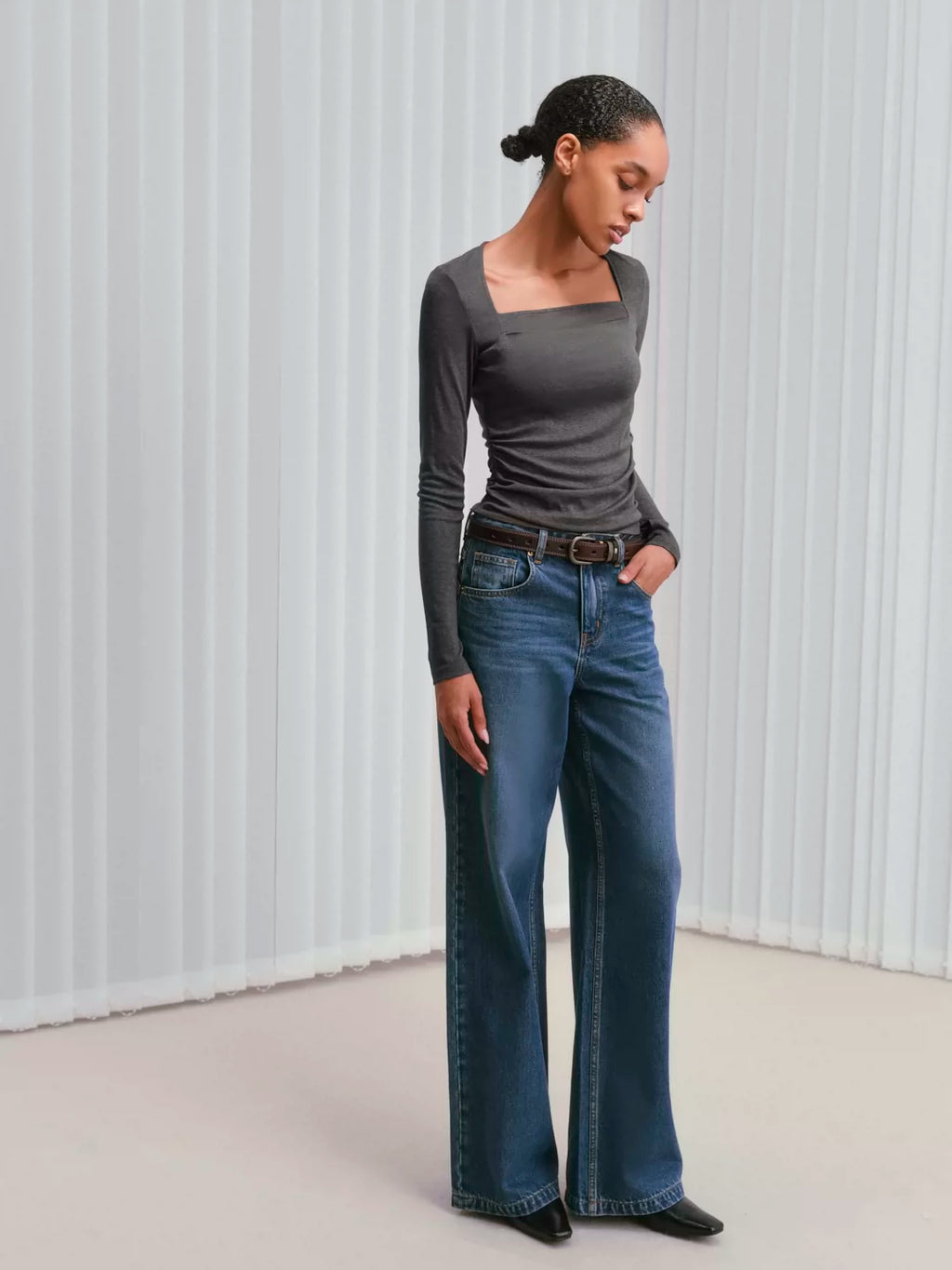 Square-Neck Ruched Acetate-Cashmere Knit Top