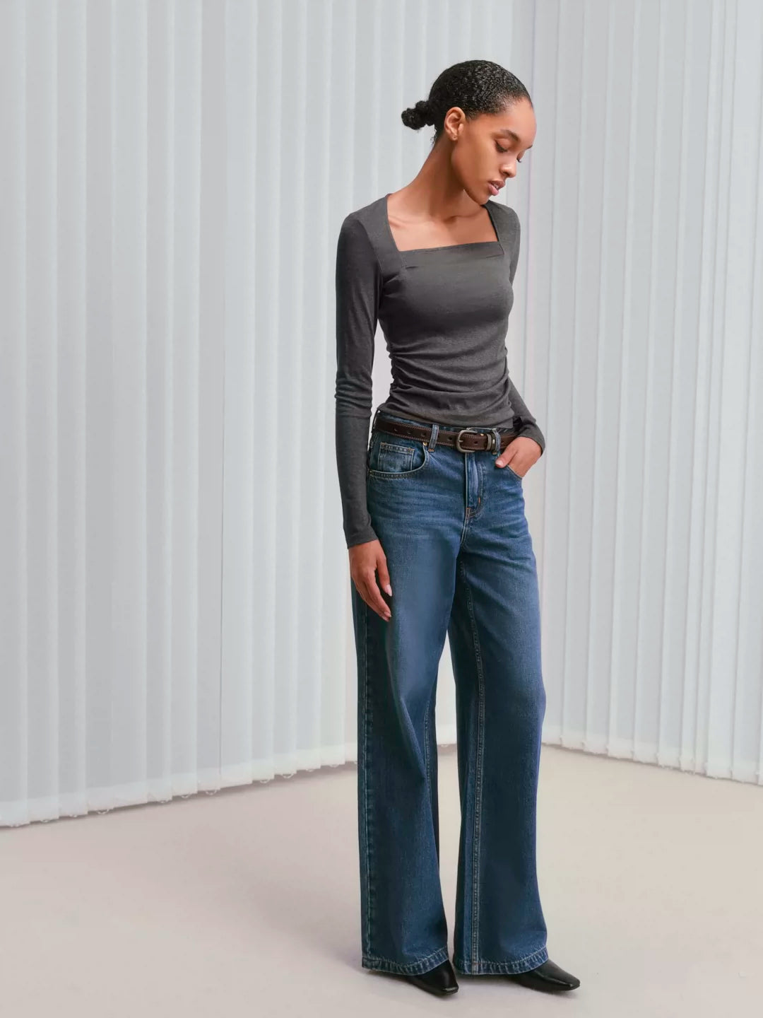 Square-Neck Ruched Acetate-Cashmere Knit Top