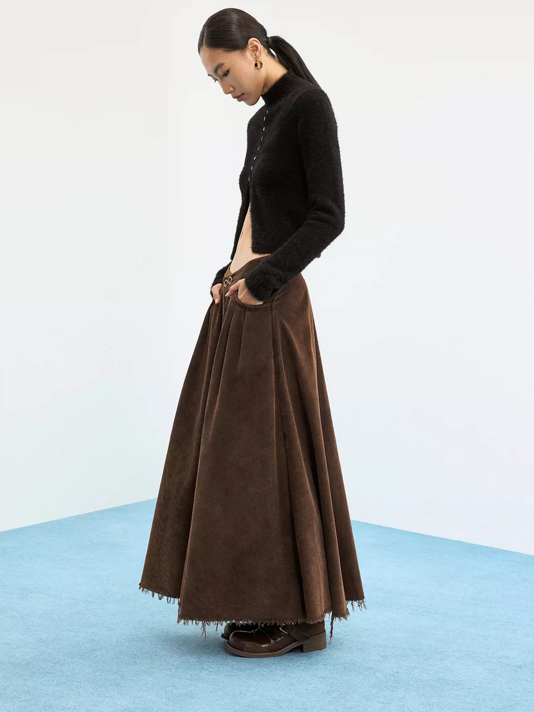 FIKNOW Heavy-Wash Corduroy V-Waist Maxi Skirt