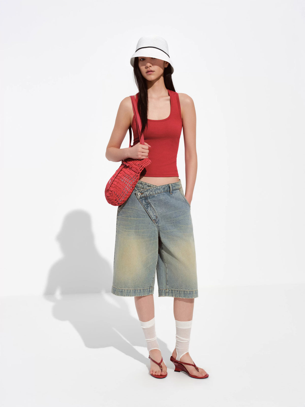 Asymmetric Waistband Mud-Wash Denim Jorts