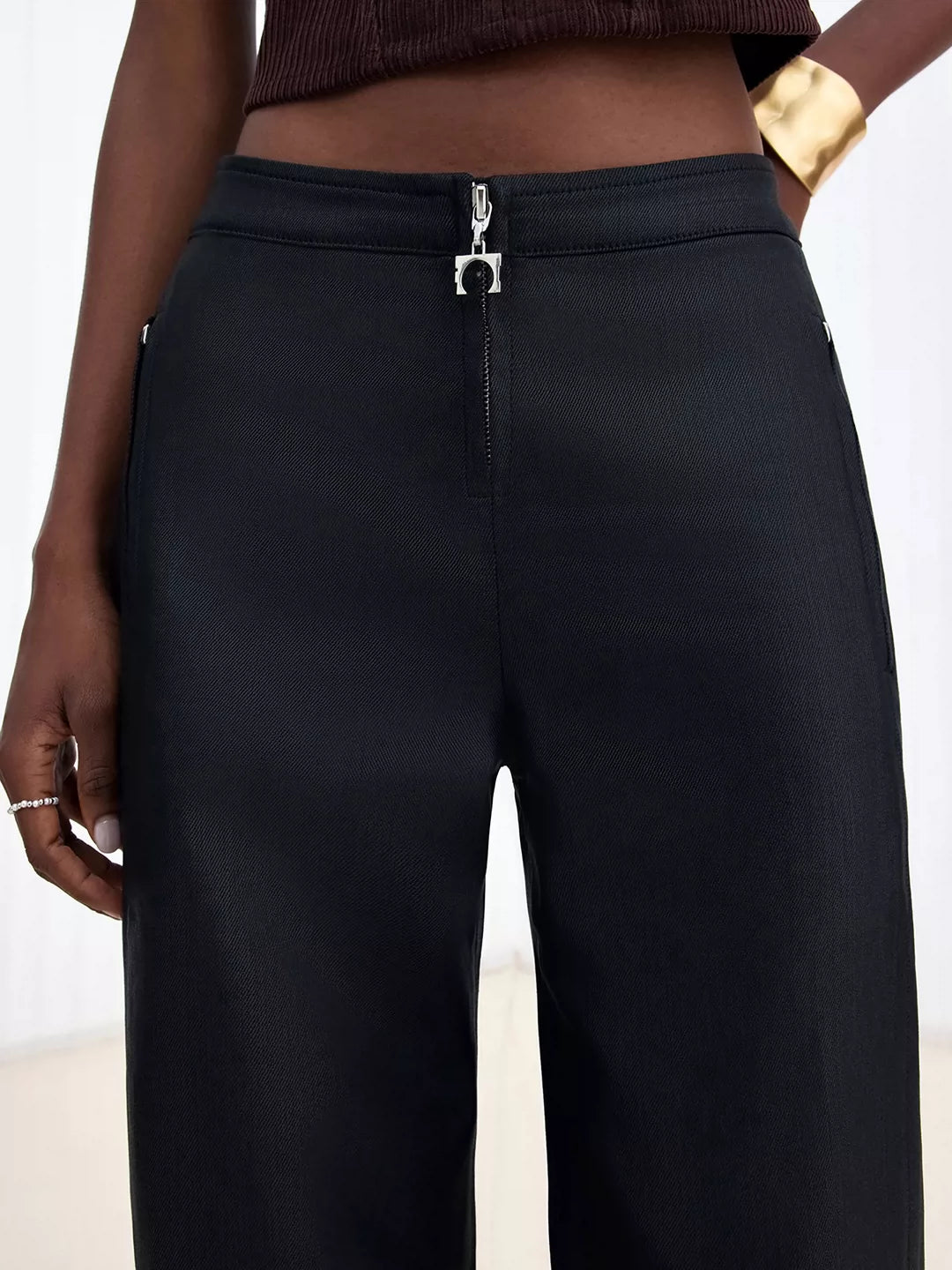 V-Waist Wax-Coated Black Denim Jeans