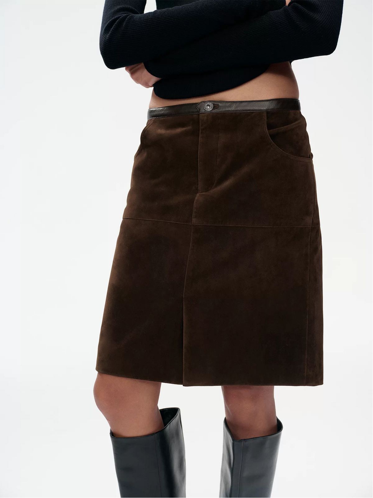 Khaki Suede Cargo Midi Skirt