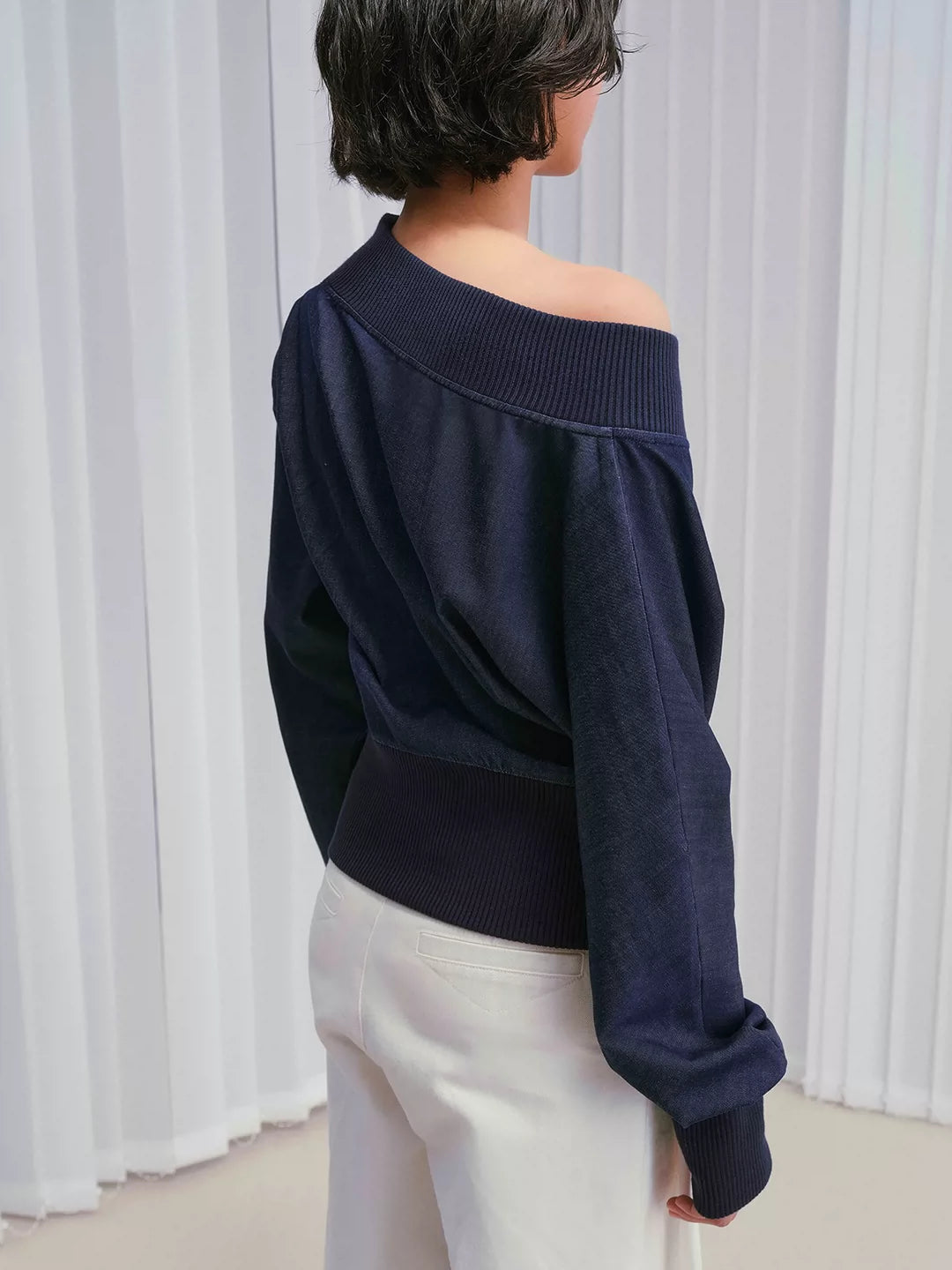 Colorfast Ribbed Asymmetric Tencel-Denim Top