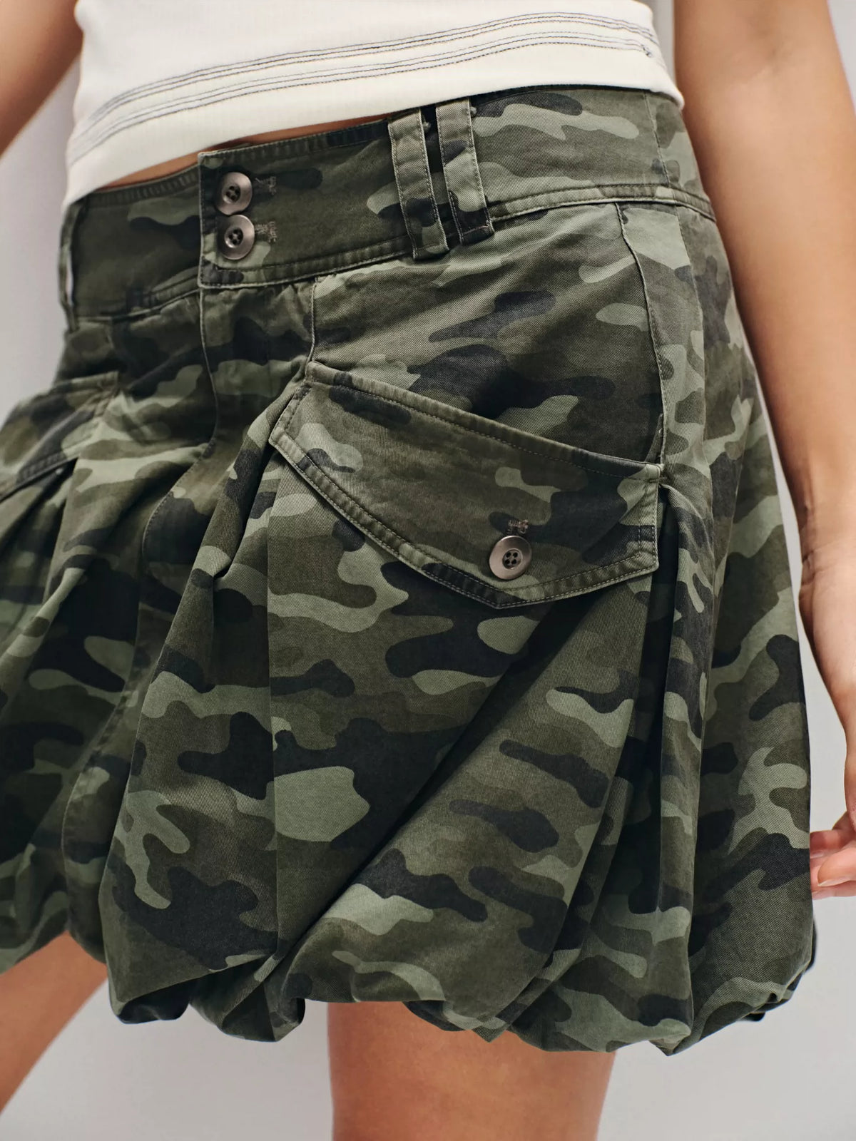 Distressed Camo Cargo Bubble Skirt