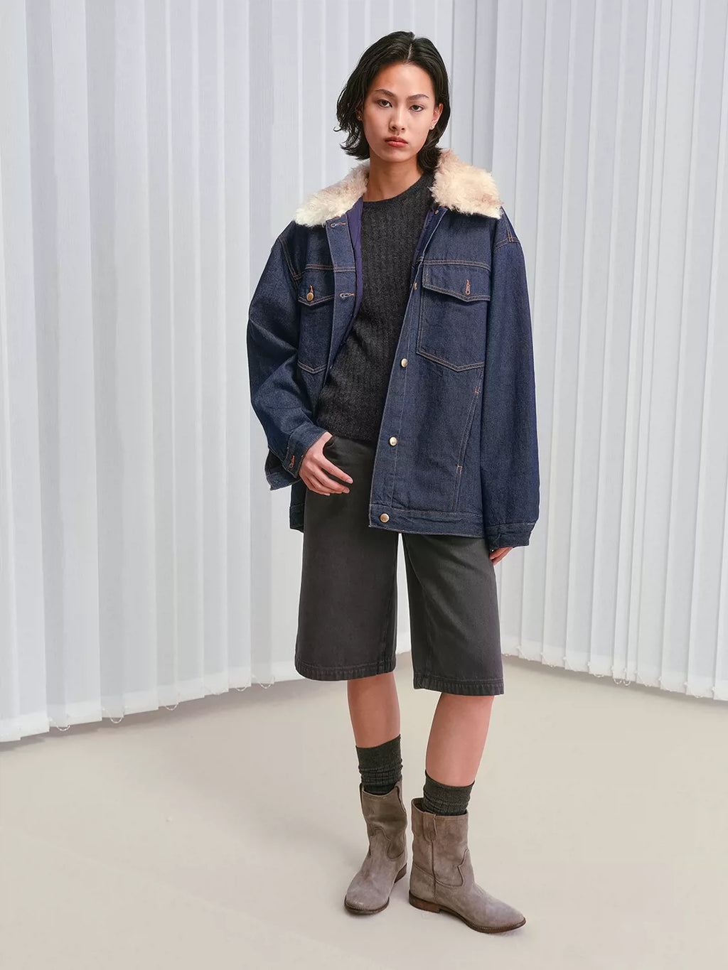 Shearling-Collar Padded Denim Jacket