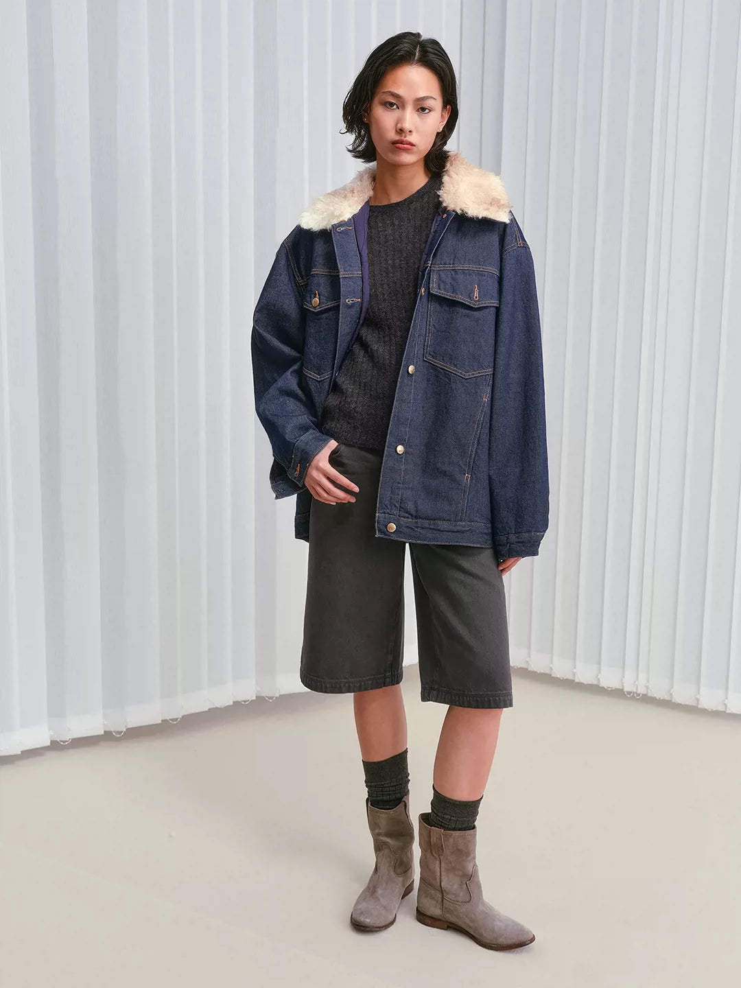 Shearling-Collar Padded Denim Jacket