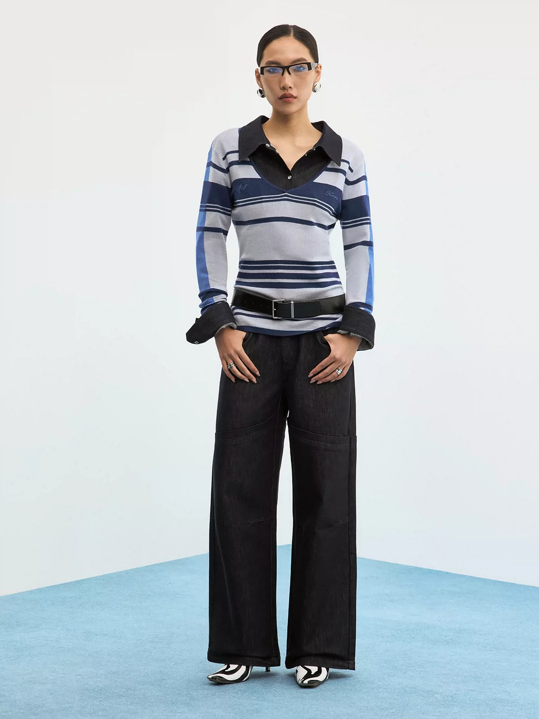 Paneled Blue-Black Raw Denim Relaxed Jeans