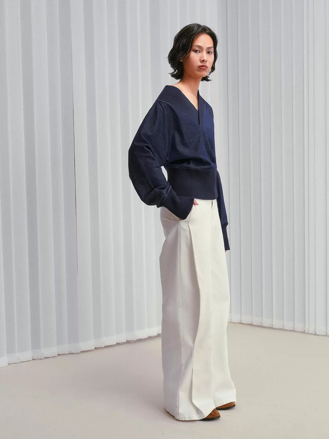 IFIKNOW Colorfast Ribbed Asymmetric Tencel-Denim Top