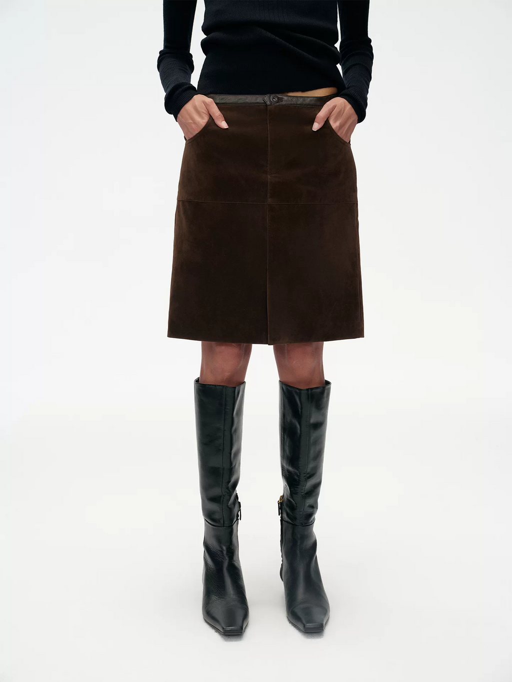 Khaki Suede Cargo Midi Skirt