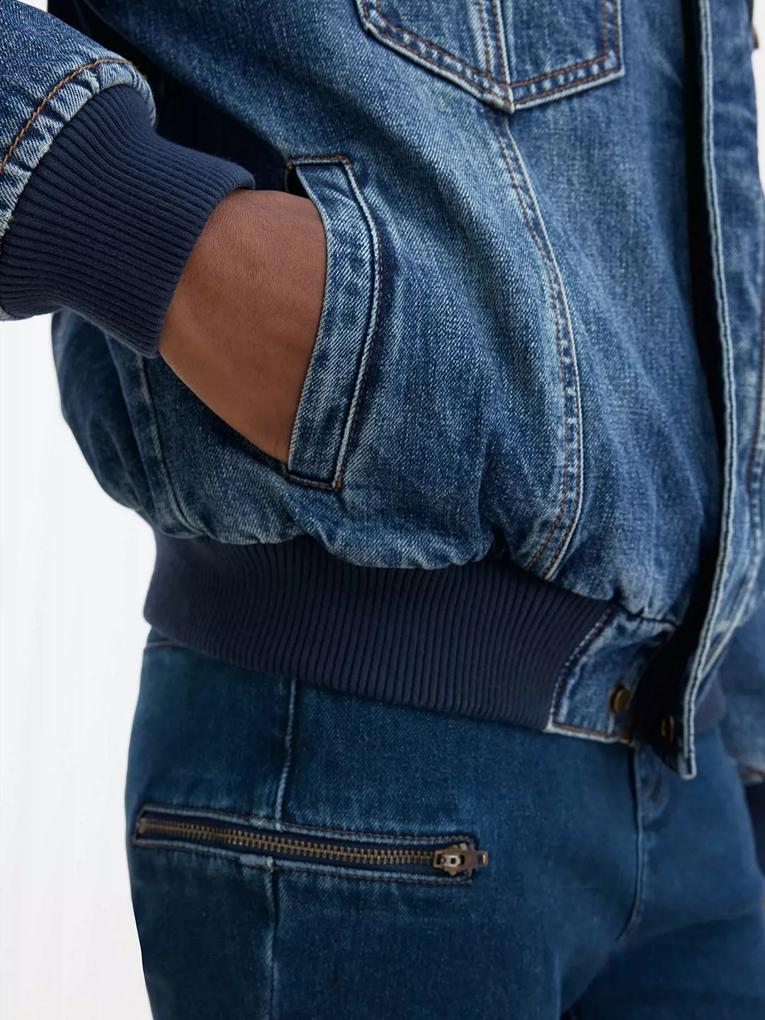 IFIKNOW Custom-Ribbed Washed Denim Padded Jacket
