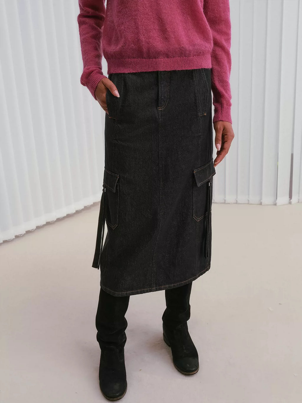Colorfast Raw Denim Cargo Maxi Skirt