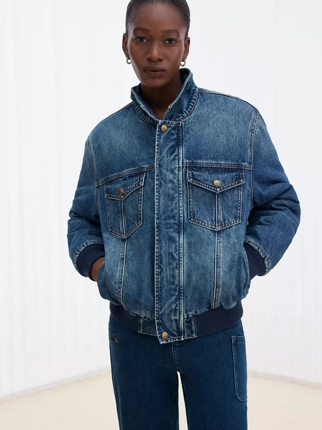 IFIKNOW Custom-Ribbed Washed Denim Padded Jacket
