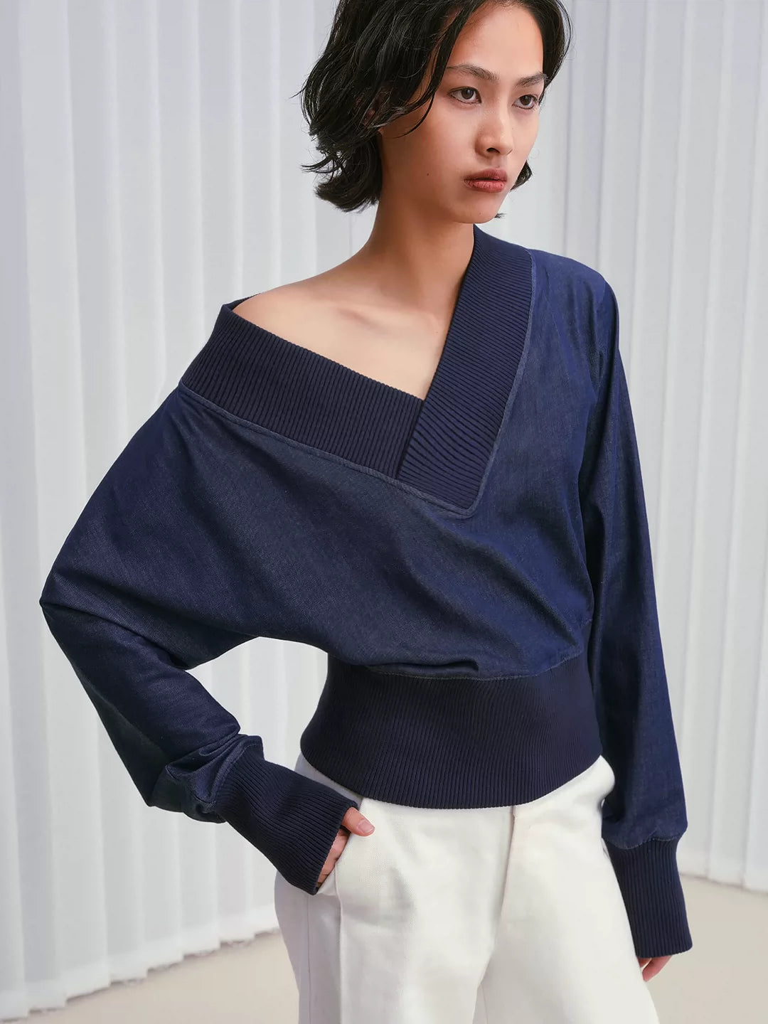 IFIKNOW Colorfast Ribbed Asymmetric Tencel-Denim Top