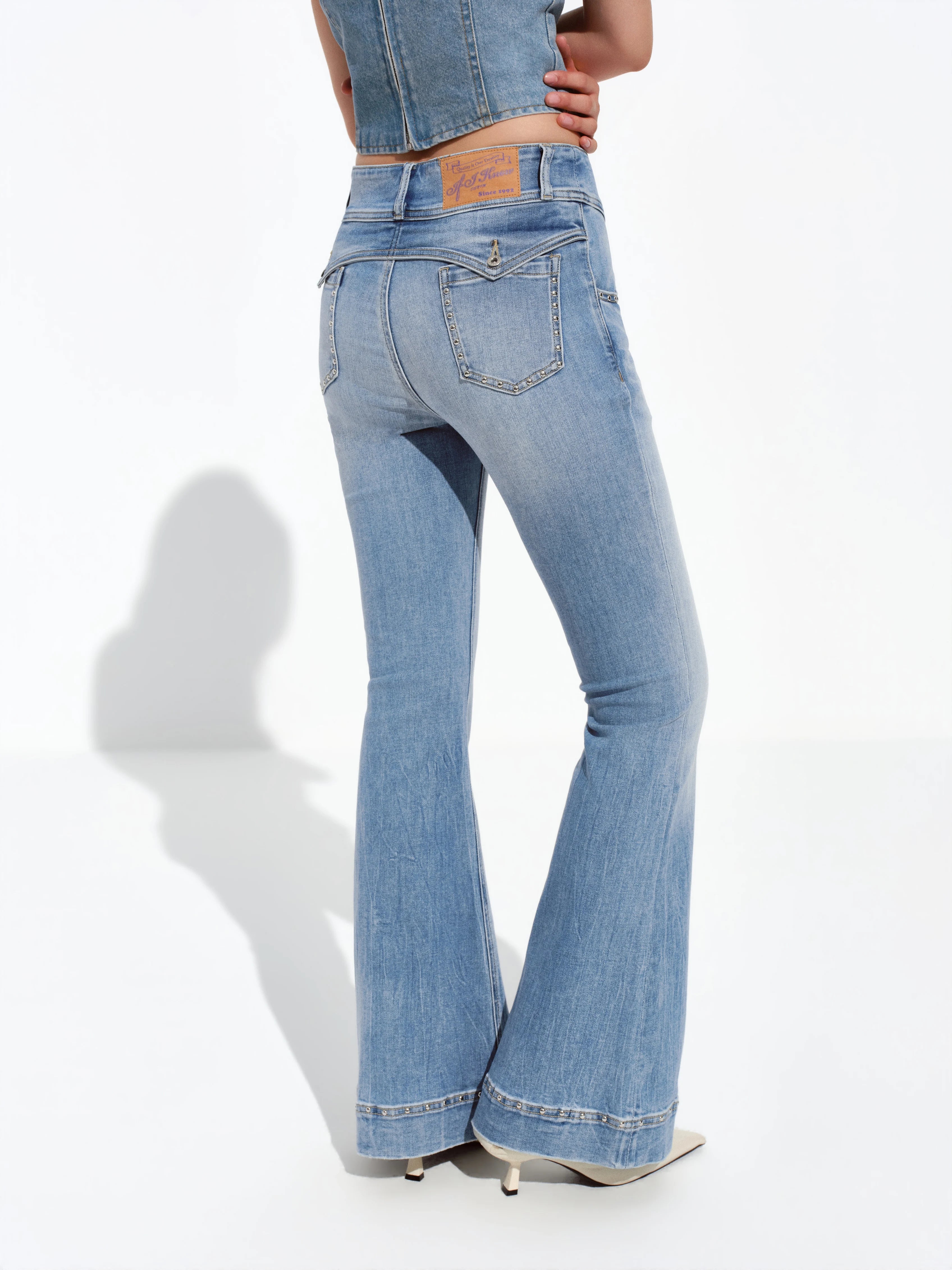 All-Over Studded Slim Flared Jeans