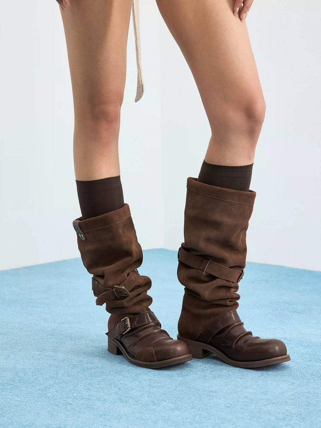 Double-Strap Suede & Waxed Leather Slouch Boots