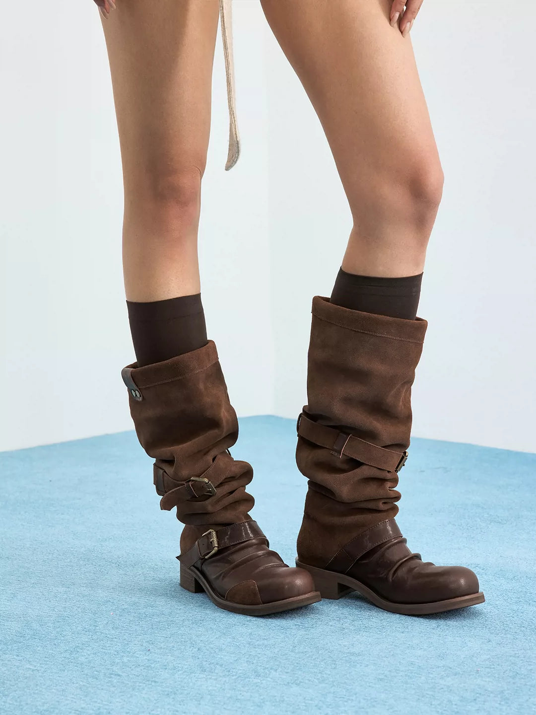Double-Strap Suede & Waxed Leather Slouch Boots