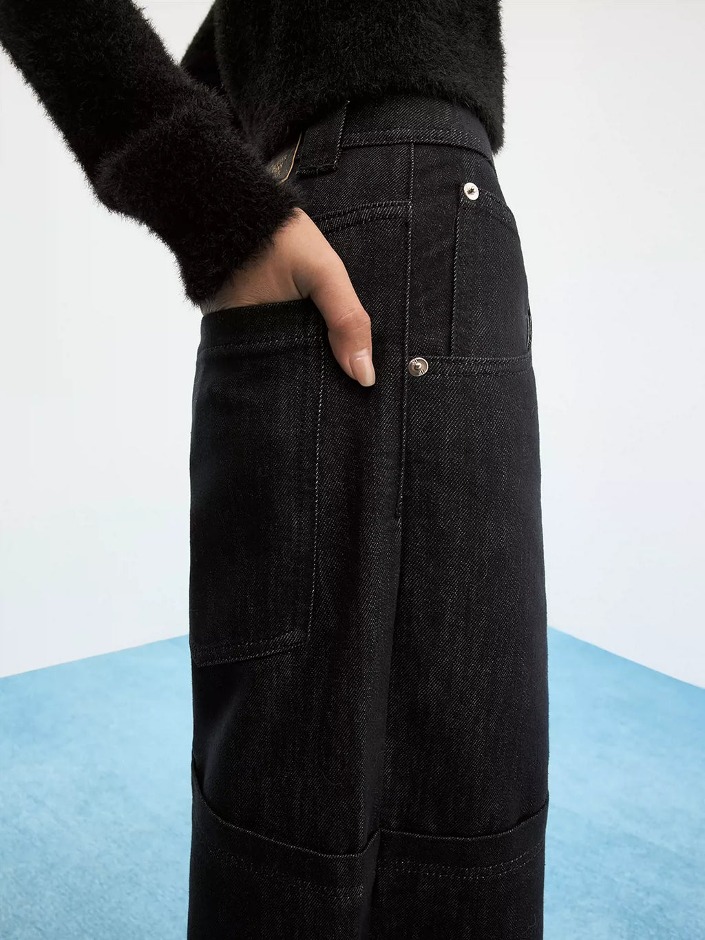 Paneled Blue-Black Raw Denim Relaxed Jeans