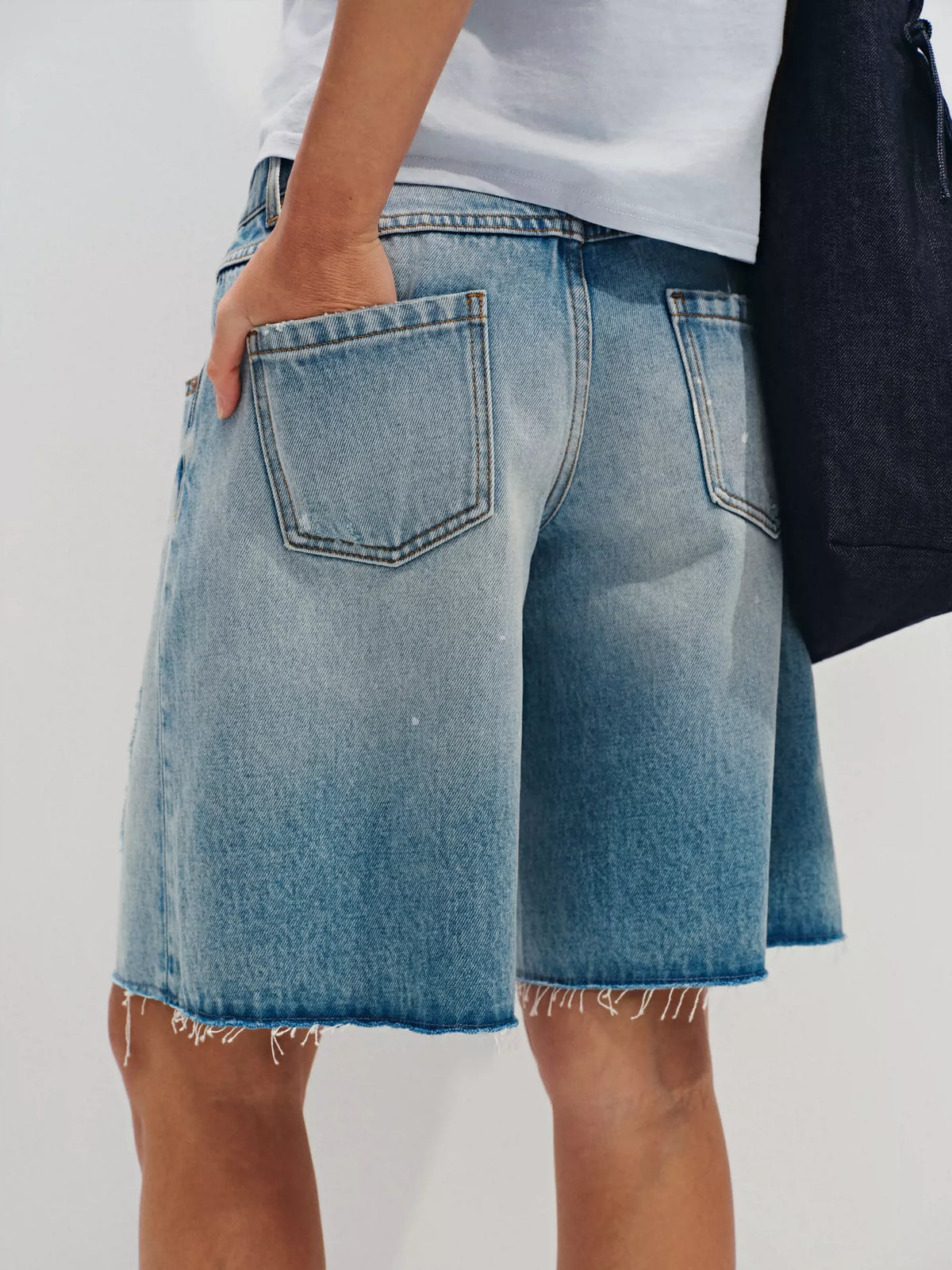 Splatter-Paint Ice-Blue Low-Rise Baggy Denim Jorts
