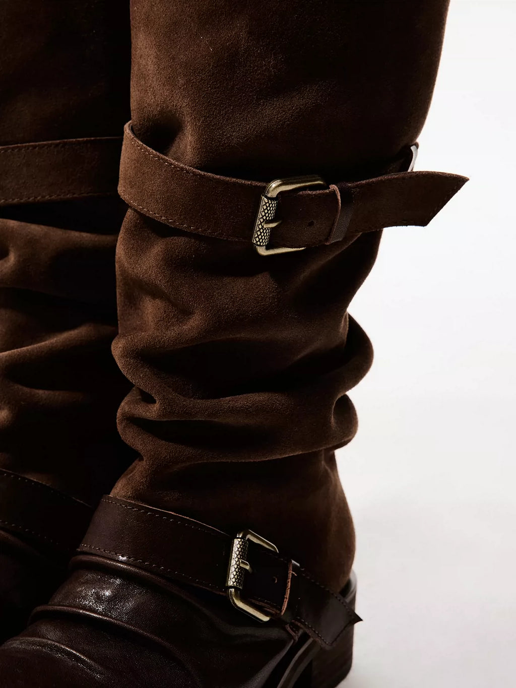 Double-Strap Suede & Waxed Leather Slouch Boots