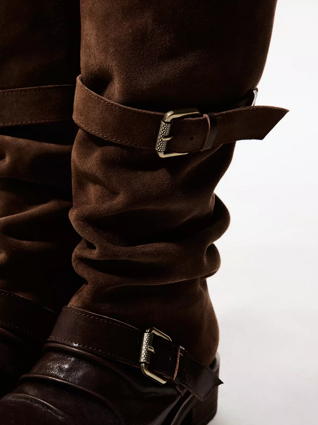 Double-Strap Suede & Waxed Leather Slouch Boots