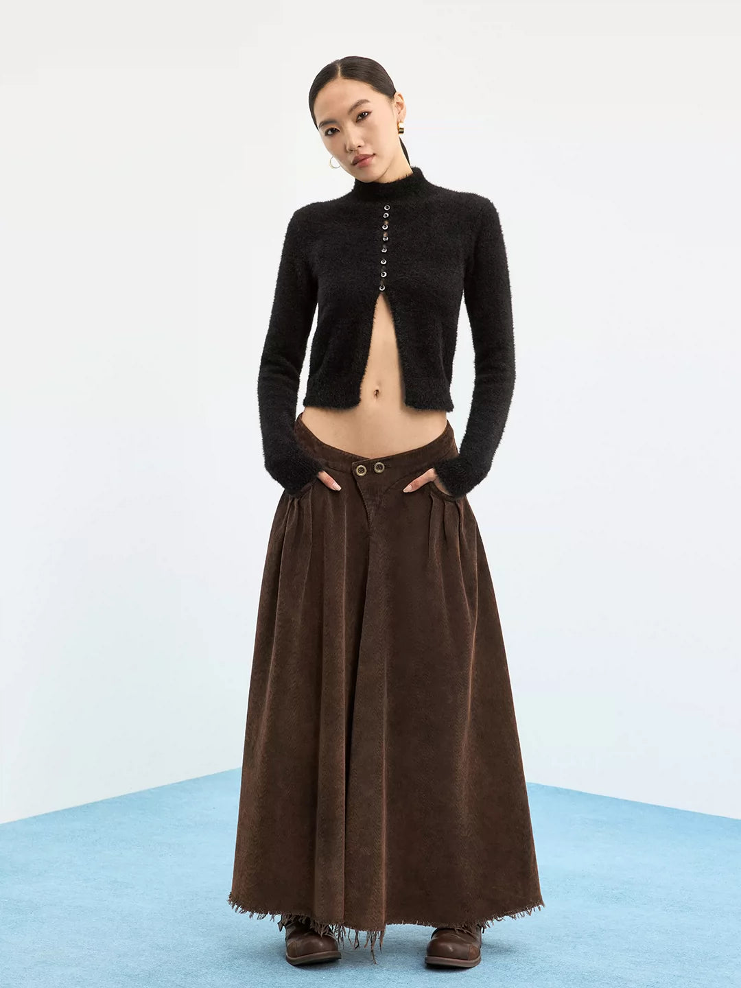 FIKNOW Heavy-Wash Corduroy V-Waist Maxi Skirt
