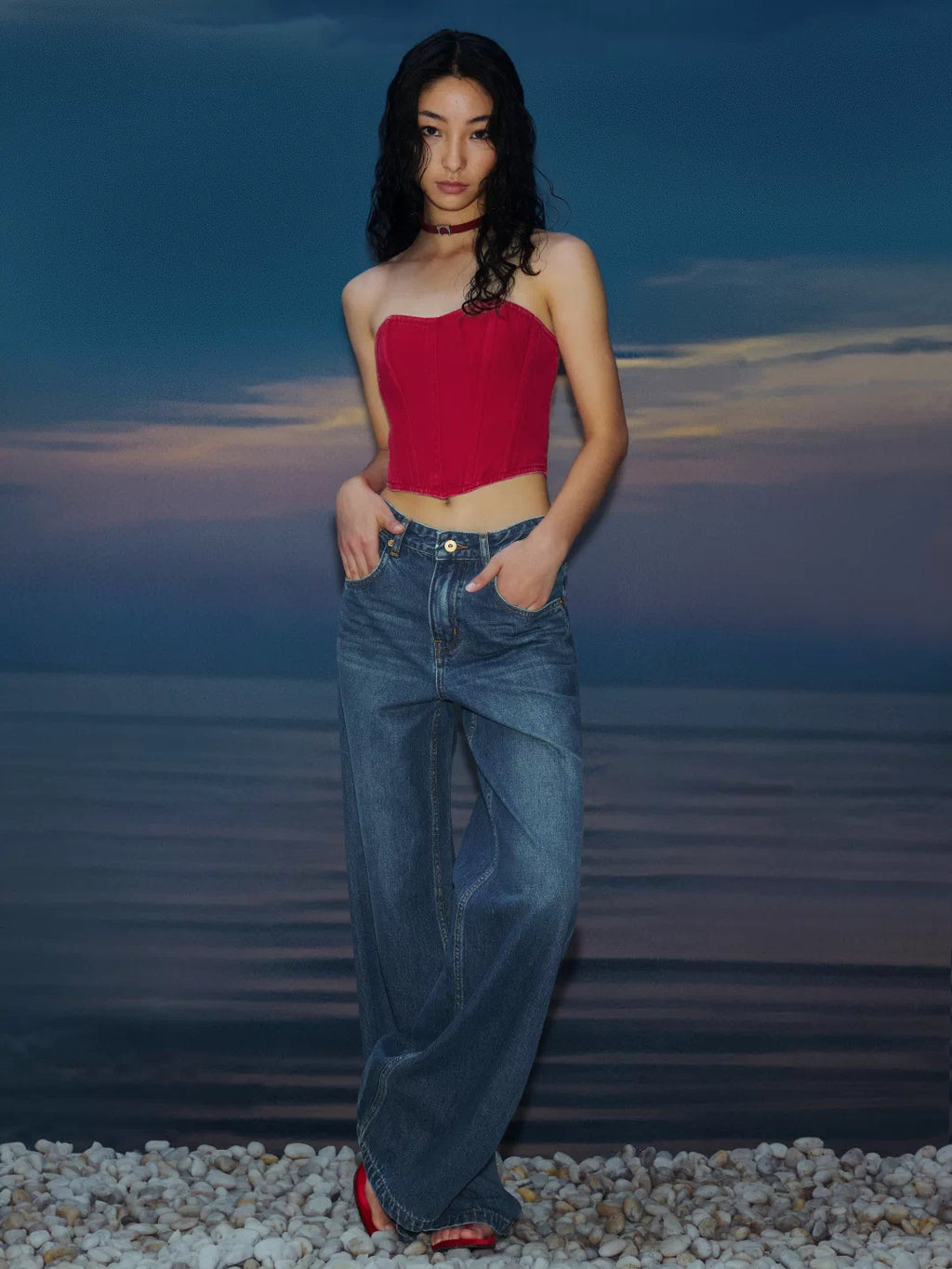 Red Denim Boned Corset Top